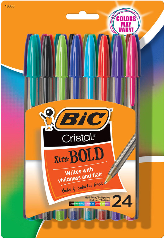 BIC Cristal Xtra Bold Ballpoint Pens, Bold Point (1.6 mm), School Supplies for Color-Coded Notes, 24-Count Pack in Assorted Colors
