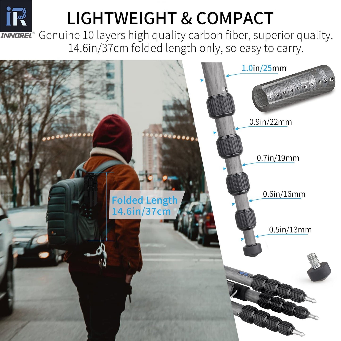 10 Layers Carbon Fiber Travel Tripod Monopod-INNOREL RT55C with 36mm Panoramic Ball Head 360 Degree and Carrying Case Professional Lightweight Compact