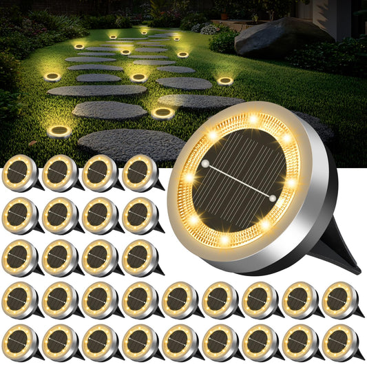 Mini Solar Ground Lights Outdoor 32 Pack Waterproof Upgraded Anti-Rust Solar Flat Garden Lights Stainless Steel Solor Powered Disc Landscape Light