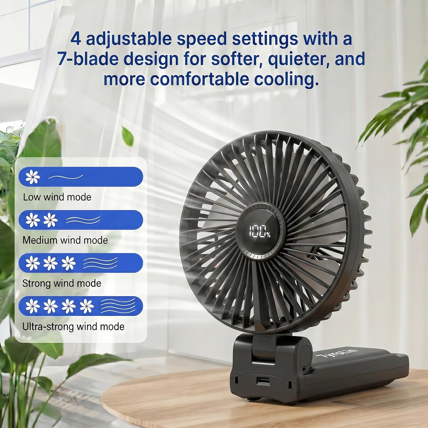 Zyriolin Foldable Handheld Fan, 3600mAh Rechargeable Personal Fan, Quiet 5-Speed, Up to 9 Hours, Compact Travel Fan for Office, Outdoor, Pets, Sports