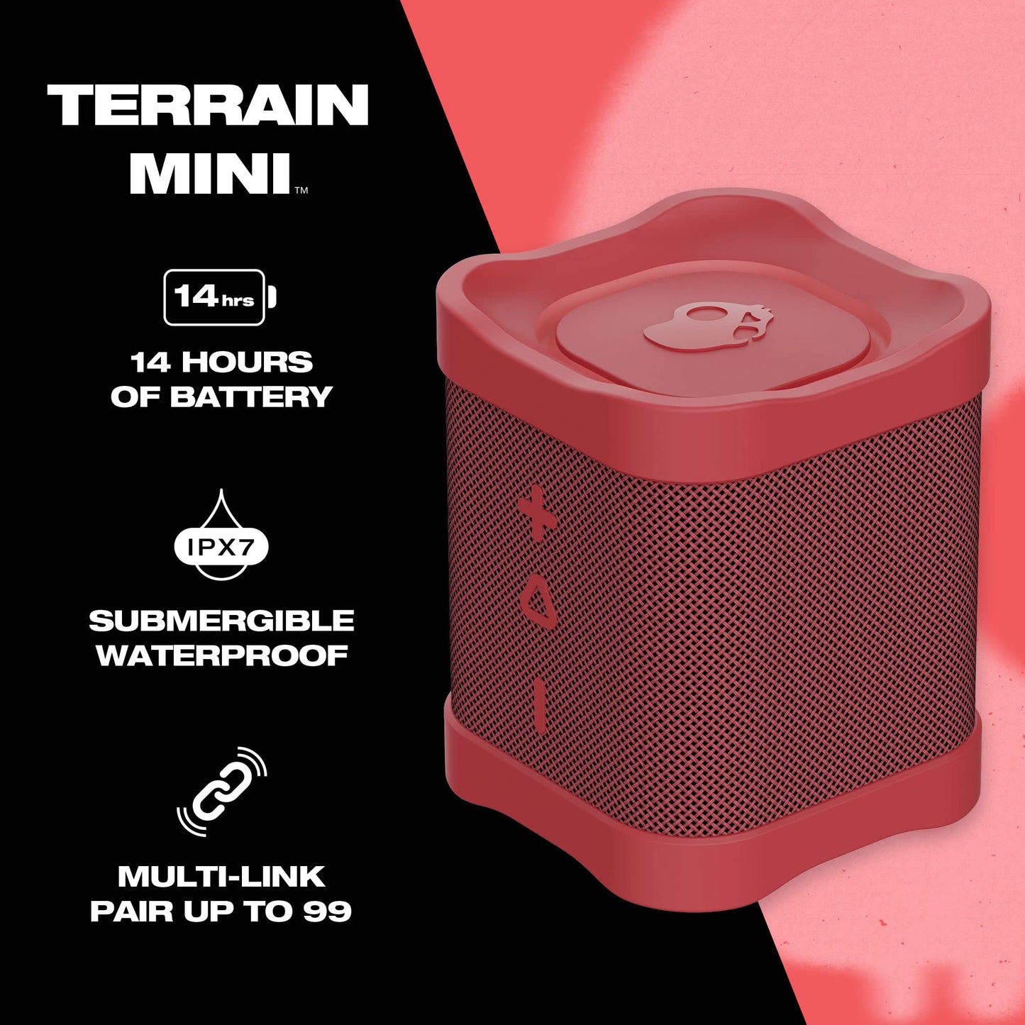 Skullcandy Terrain Mini Wireless Bluetooth Speaker - IPX7 Waterproof Portable Speaker with Dual Custom Passive Radiators, 14 Hour Battery, Nylon Wrist