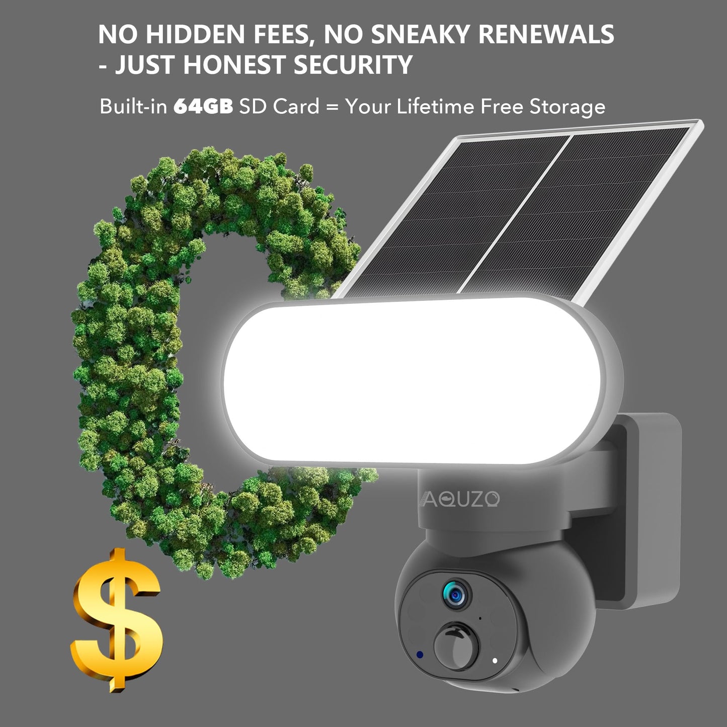 AQUZO 2K Floodlight Camera Solar Powered, 1500 Lumens Security Light, Wireless Outdoor Cam with 360° PTZ, Human/Vehicle/Animal AI Detection, Color