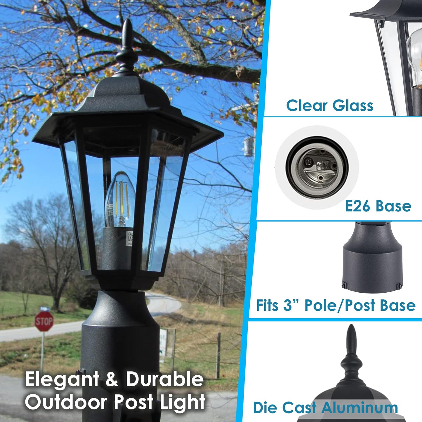 GRUENLICH Outdoor Post Light, Black Waterproof Lamp Post Lights Fxiture, Aluminum Pole Lantern for Outside Yard Pathway Garden, 2 Pack