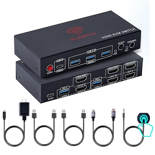 RubiPro HDMI KVM Switch 2 Monitors 2 Computers - Dual Display 8K@60Hz, 4K@120Hz, USB 3.0 Fast Data Transfer, Plug & Play for Windows/Mac/Linux with an