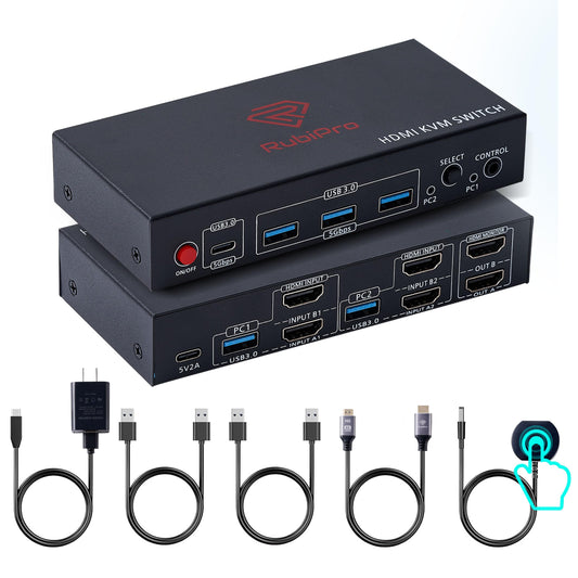 RubiPro HDMI KVM Switch 2 Monitors 2 Computers - Dual Display 8K@60Hz, 4K@120Hz, USB 3.0 Fast Data Transfer, Plug & Play for Windows/Mac/Linux with an