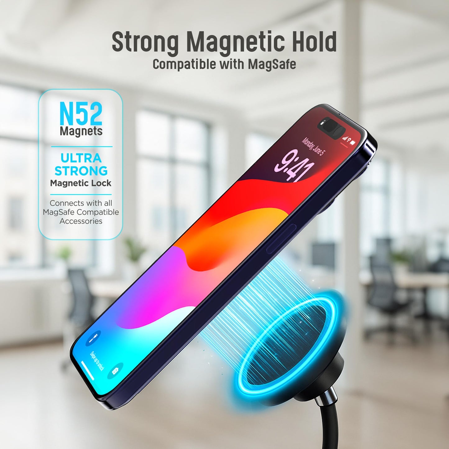 GALVANOX Magnetic Fast-Charging Desk Phone Stand (Adjustable Height) Compatible with MagSafe, Tall Wireless Charger, Heavy Metal Base (15W) Desktop