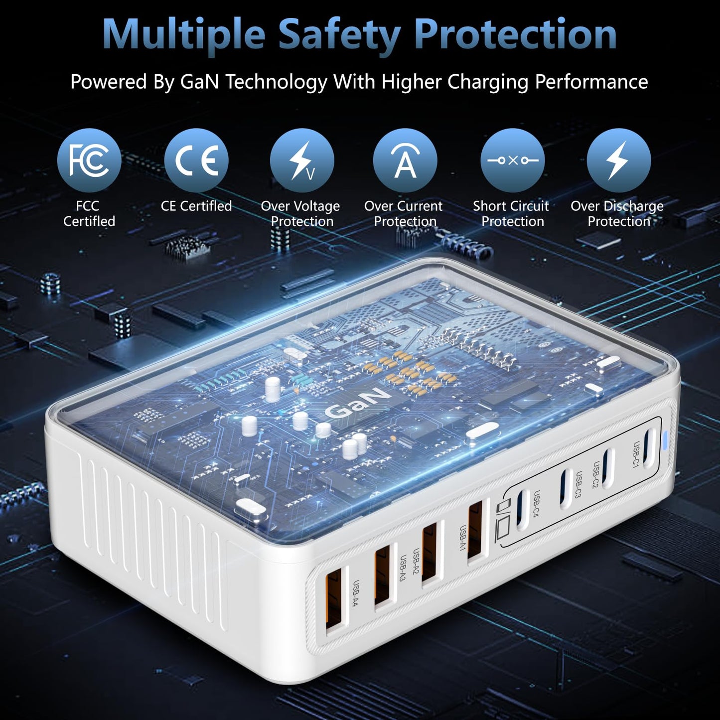 200W GaN 8-Port USB C Charging Station, PD 65W Multi-Device Charger