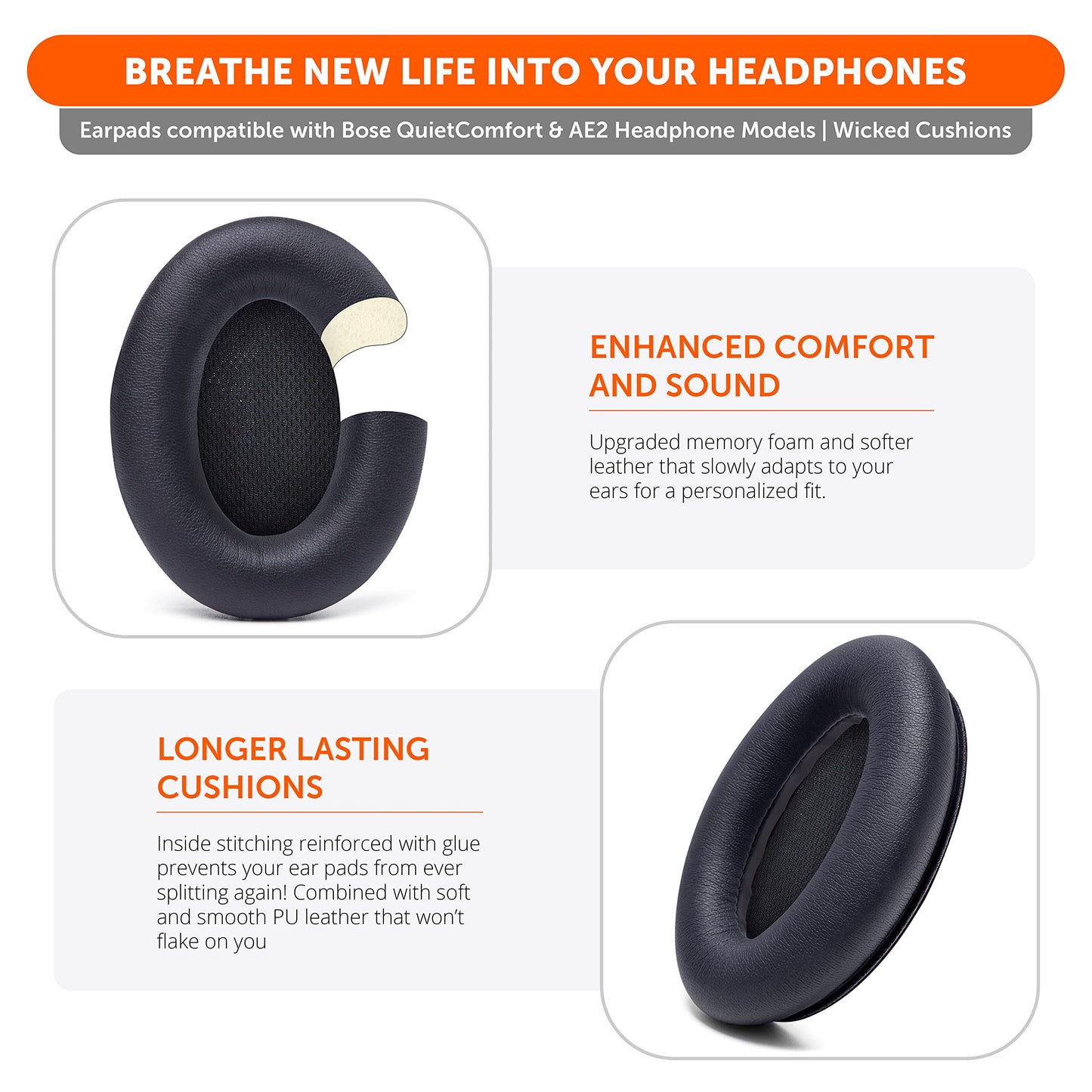 WC Upgraded Replacement Ear Pads for Bose QC15 Headphones Made by Wicked Cushions- Supreme Comfort - Compatible with QC25 / QC2 / AE2 / AE2i / AE2W