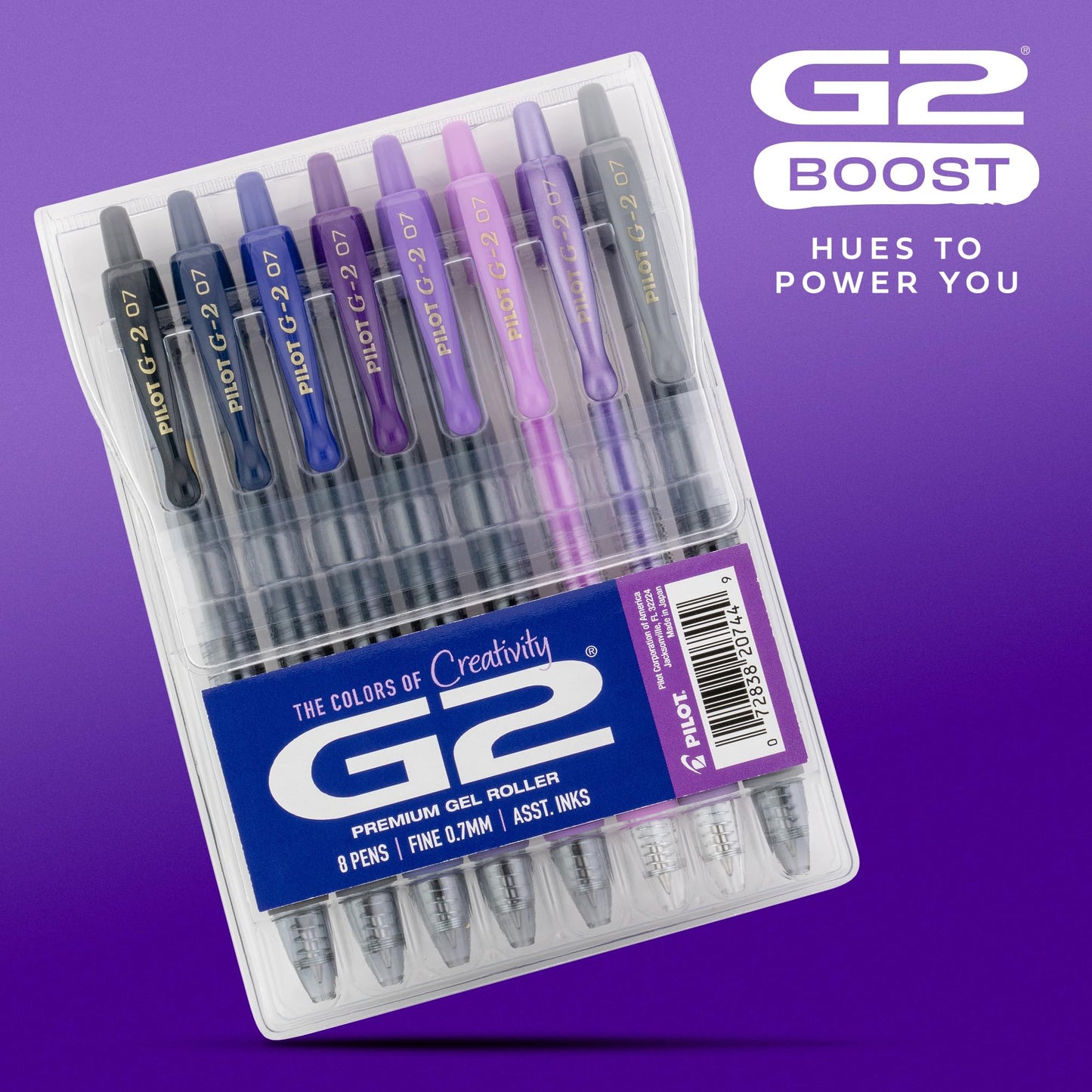 Pilot G2 Premium Gel Roller Pens, G2 Boost Purple Pens Pack, The Colors of Creativity, 8 Pack Pouch, Fine Point 0.7 mm, Assorted