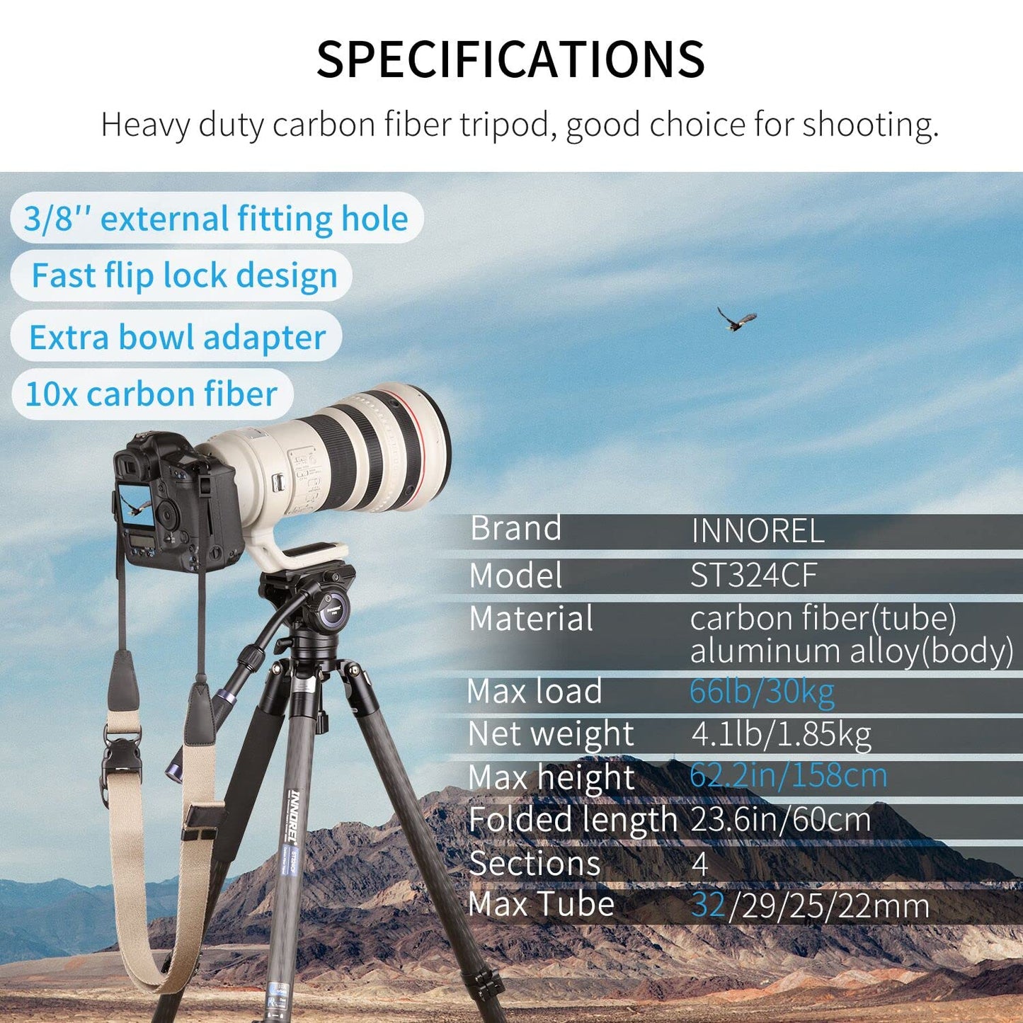 INNOREL ST324CT/ST324CF Carbon Fiber Tripod Max Height 160cm Max Load 30kg Max Tube Dia 32mm Professional Birdwatching Heavy Duty Camera Stand (Fast