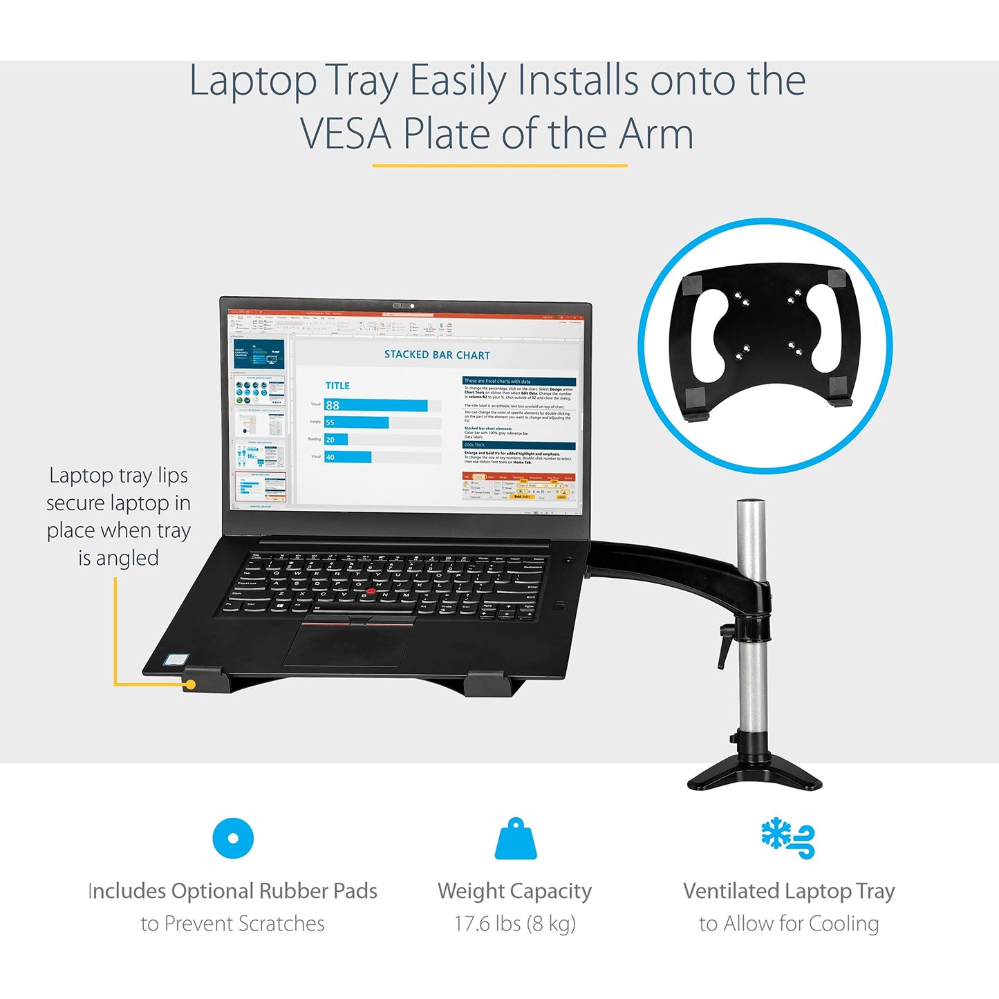 StarTech.com Desk Mount Laptop Arm, Articulating Arm for Laptop or Single Monitor up to 34" (17.6lb/8kg), VESA Tray Bracket, Ergonomic Adjustable