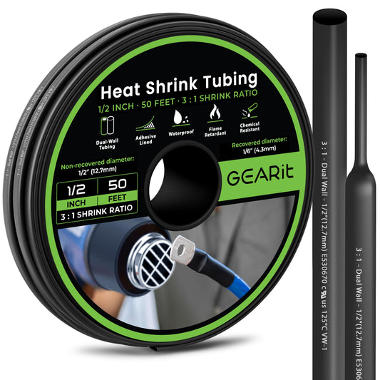 GEARit 1/2 inch Heat Shrink Tubing 50 Ft | 3:1 Ratio Adhesive Lined Dual Wall | UL Listed Waterproof Marine Grade Electrical Wire Cable Repair Kit for