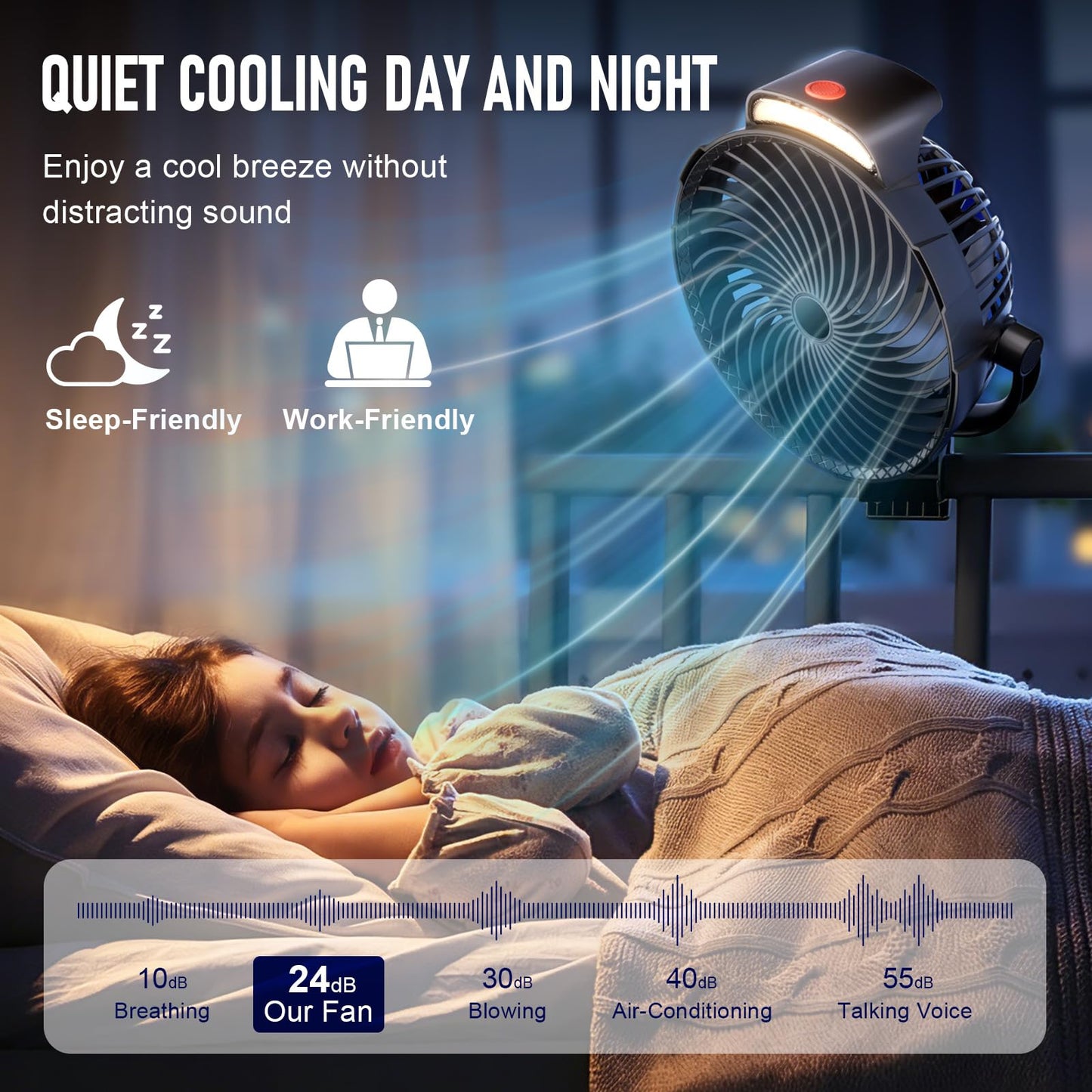 Gentsvip 8-Inch Rechargeable Clip on Fan, 10000mAh Portable Camping Fan with LED Light, 9-Speed Ultra Quiet Airflow, 30H Runtime, 360° Rotating Desk