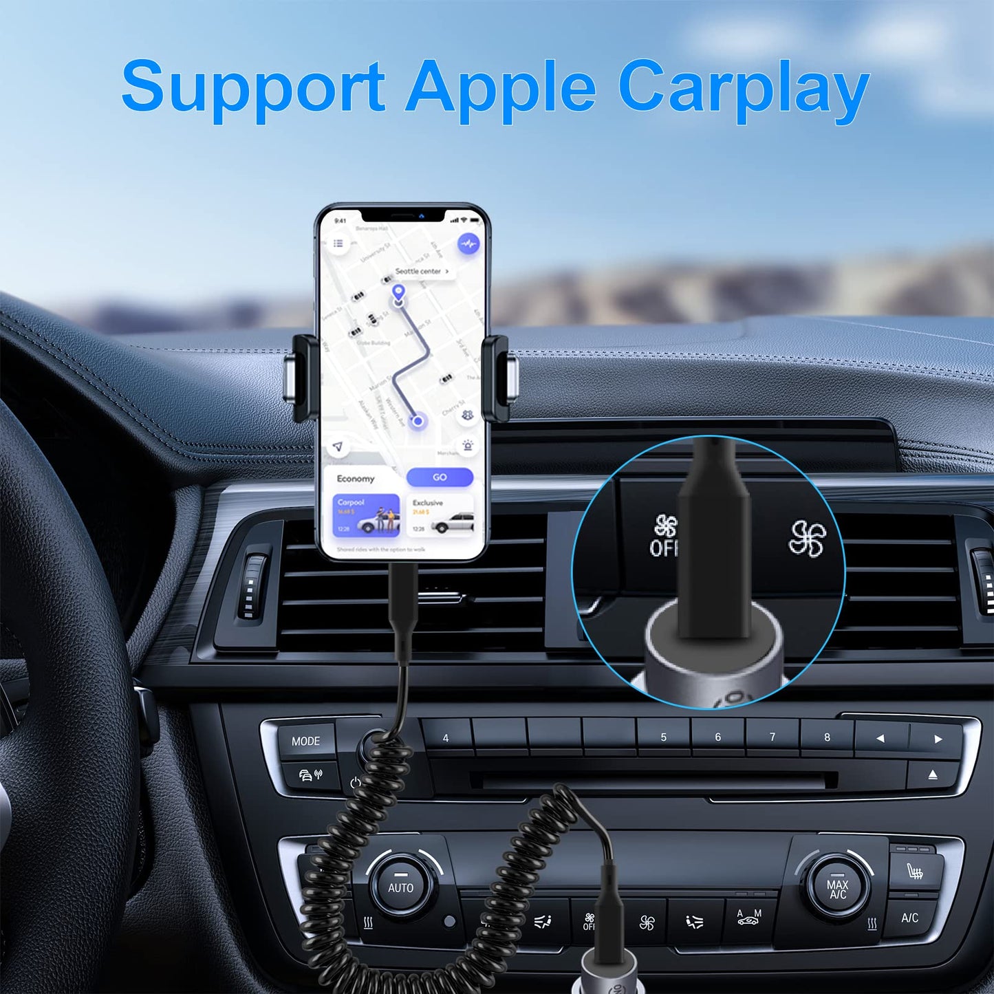 Coiled USB-C to Lightning Cable, Apple CarPlay Compatible, MFi Certified Retractable iPhone Charger Cord for Car With Data Sync, for iPhone/iPad