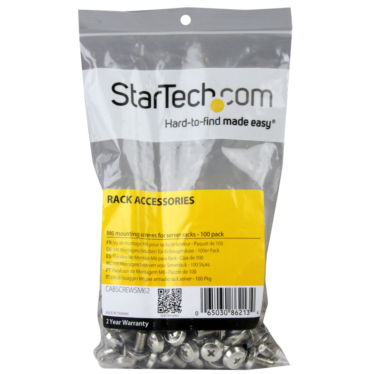 StarTech 100-Pack M6 12mm Mounting Screws, Nickel-Plated, 19in & 10in, TAA