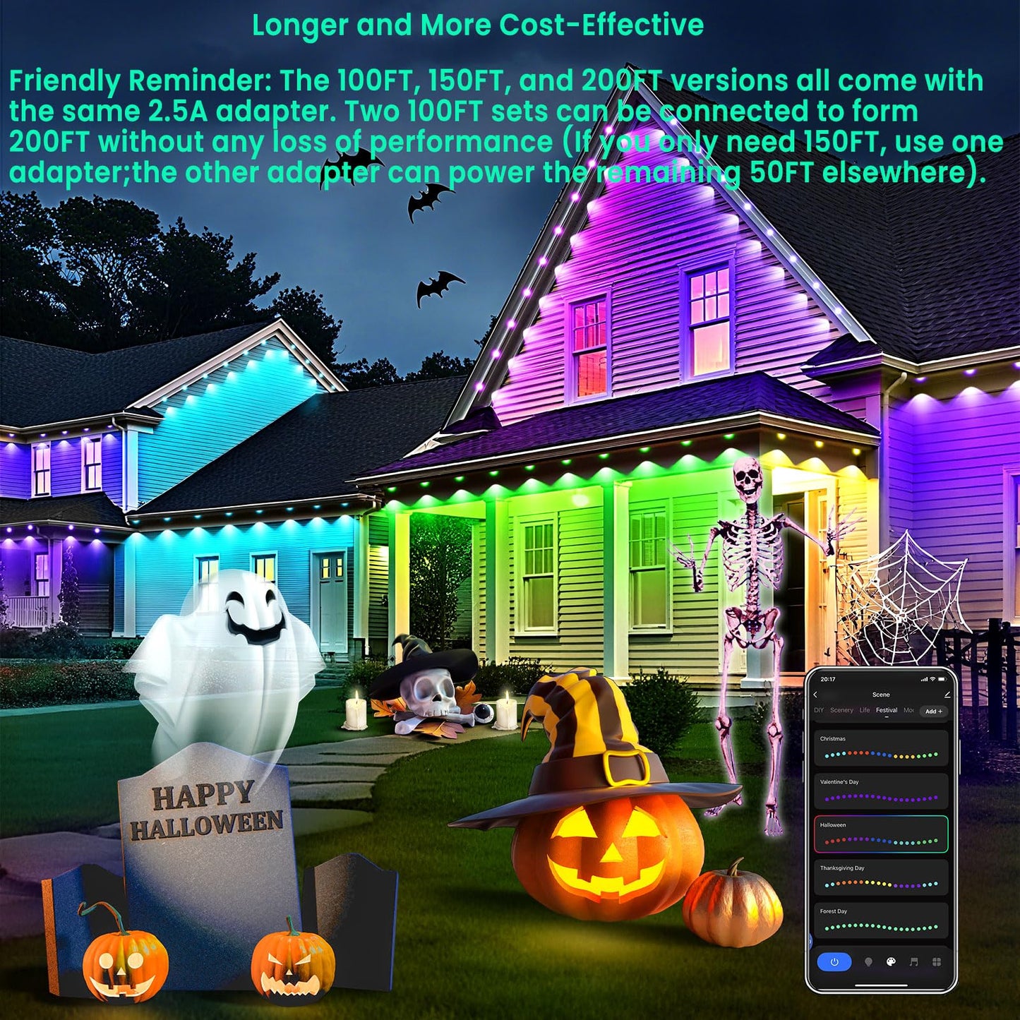Smart Permanent Outdoor Lights for House, 100ft with 60 RGB Permanent Christmas Lights, P67 Waterproof with DIY Scene for Halloween Christmas Decor