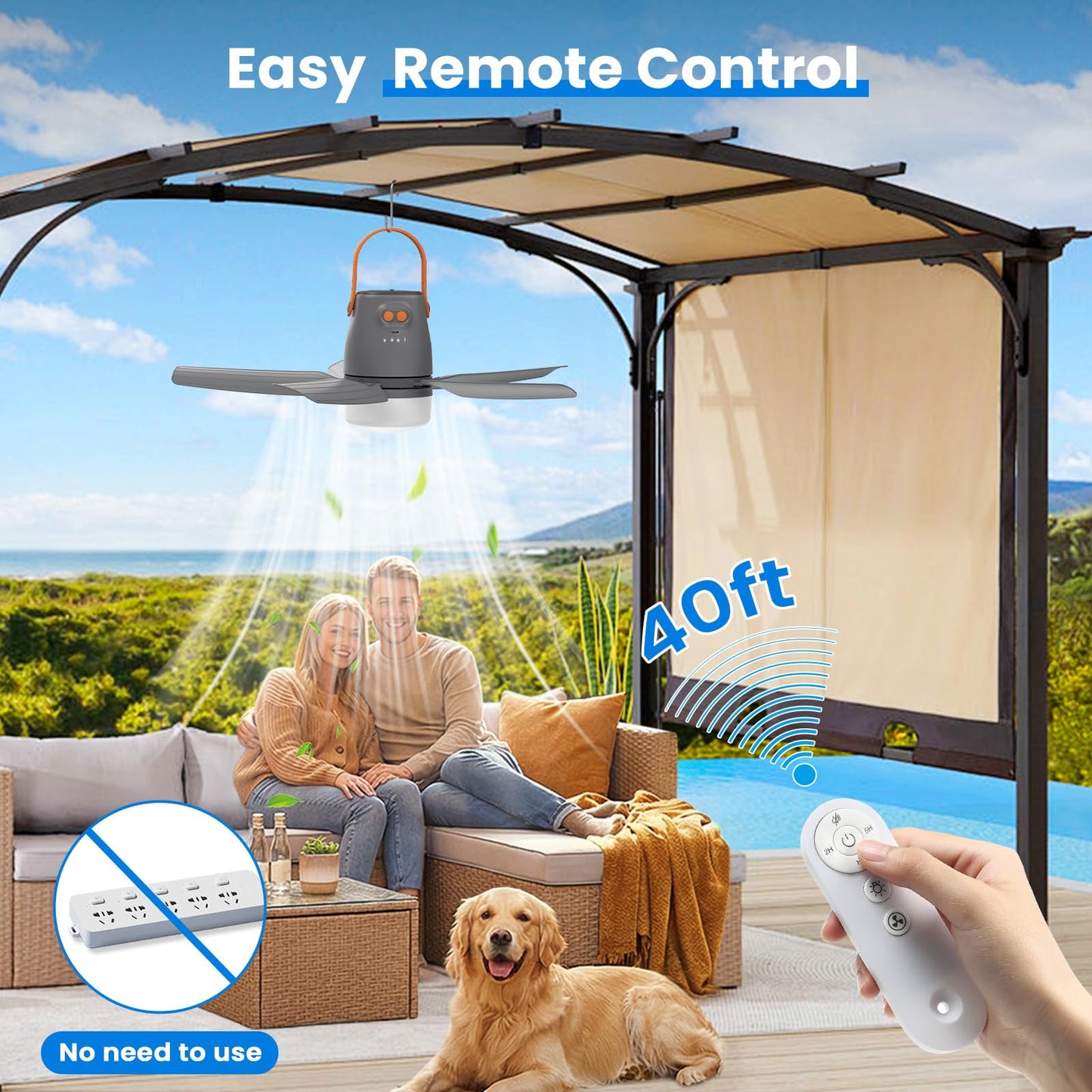 21" Portable Ceiling Fan with Light & Remote,20400mAh Battery Operated Outdoor Ceiling Gazebo Fan for Patios/Canopy/Cruise,Rechargeable Battery