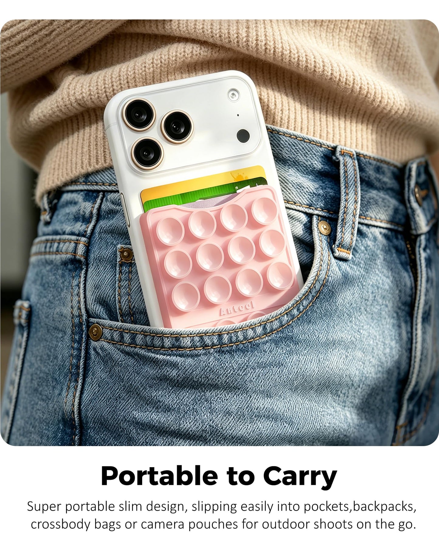 Anteel Silicone Suction Cup Card Holder Suitable for Phone Cases, Phone Wallet Stick to The Back of The Phone, Can Hold Up to 3 Cards, Suitable