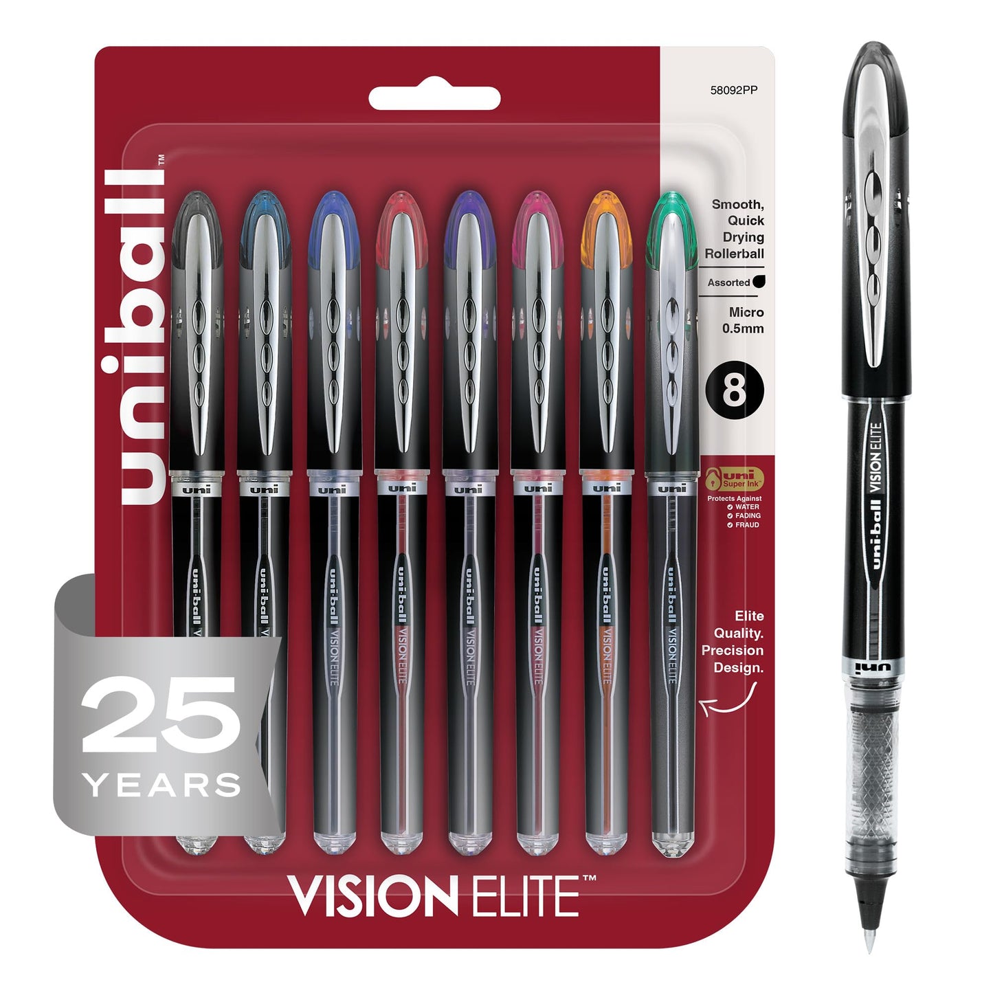 uniball Vision Elite Rollerball Pens, Micro Point (0.5mm), Assorted Colors, 8 Pack