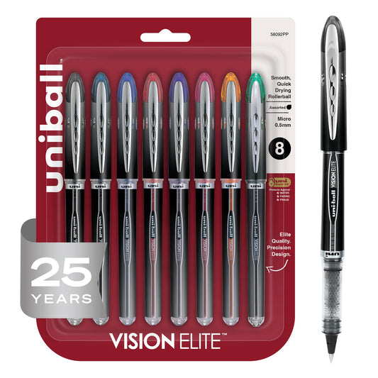 uniball Vision Elite Rollerball Pens, Micro Point (0.5mm), Assorted Colors, 8 Pack