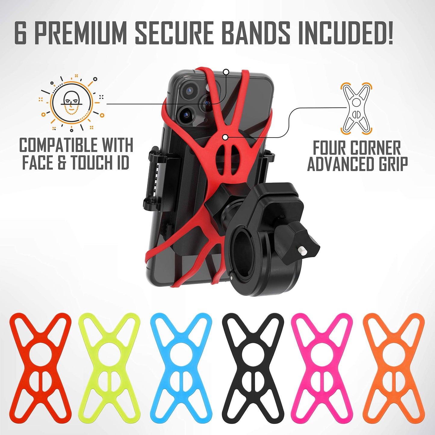 TruActive Premium Bike Phone Mount Holder | Universal Cell Phone Mount for 4"-7" Phones | Includes 6 Reusable Color Bands | Tool Free Handlebar Mount