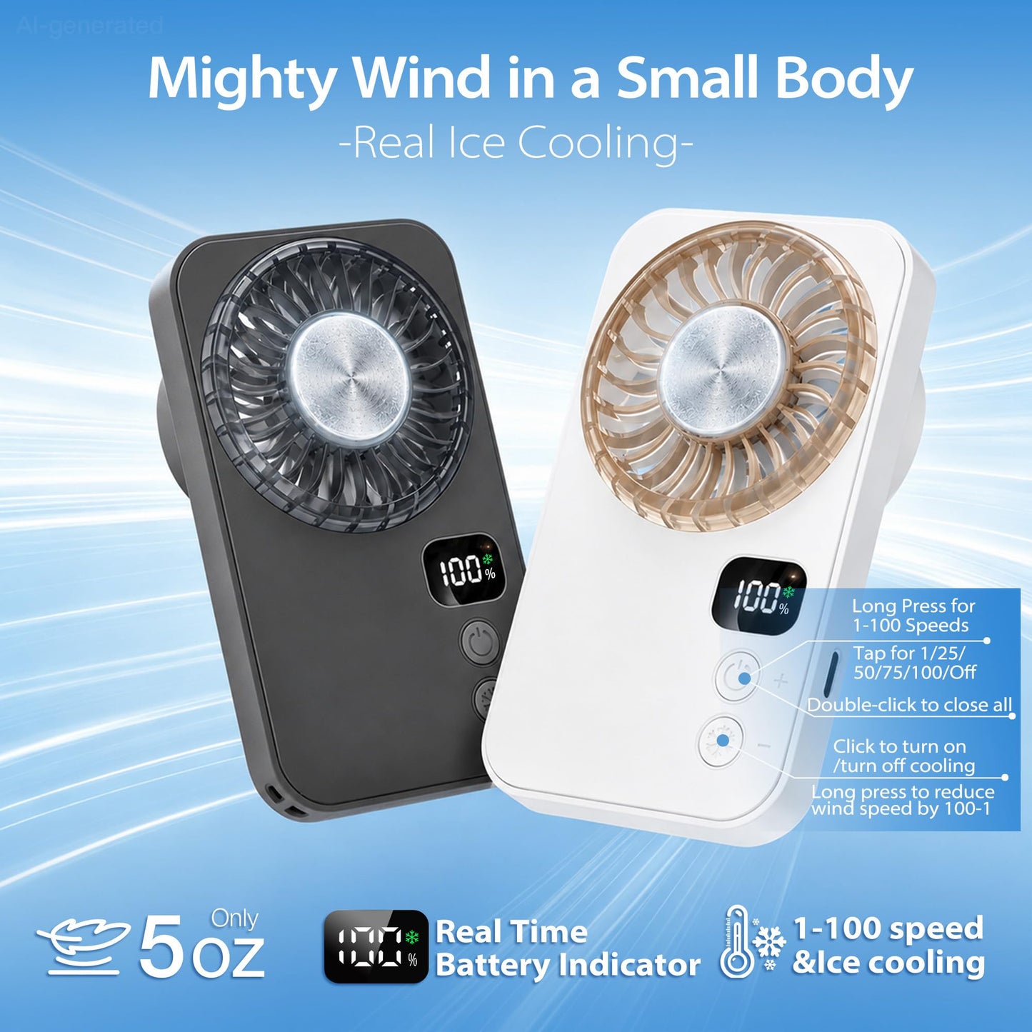 Riecin Portable Handheld Mini Fan, Semiconductor Personal Fan with Ice Cooling Plate, 100 Speed Wind, USB Rechargeabe Portable Fan with LED Display