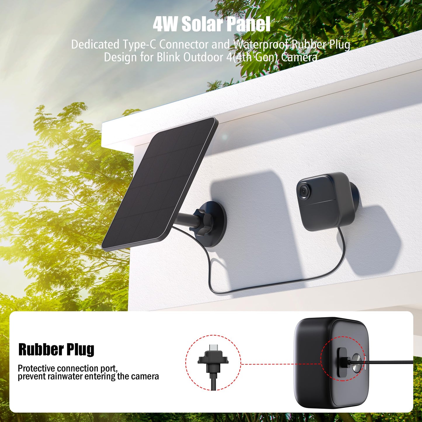 Solar Panel for Blink Camera, 4W Solar Panel Charger Compatible with New Blink Outdoor 2K+/4(4th Gen), USB-C Port, IP65 Waterproof Rubber Plug, 13.1ft