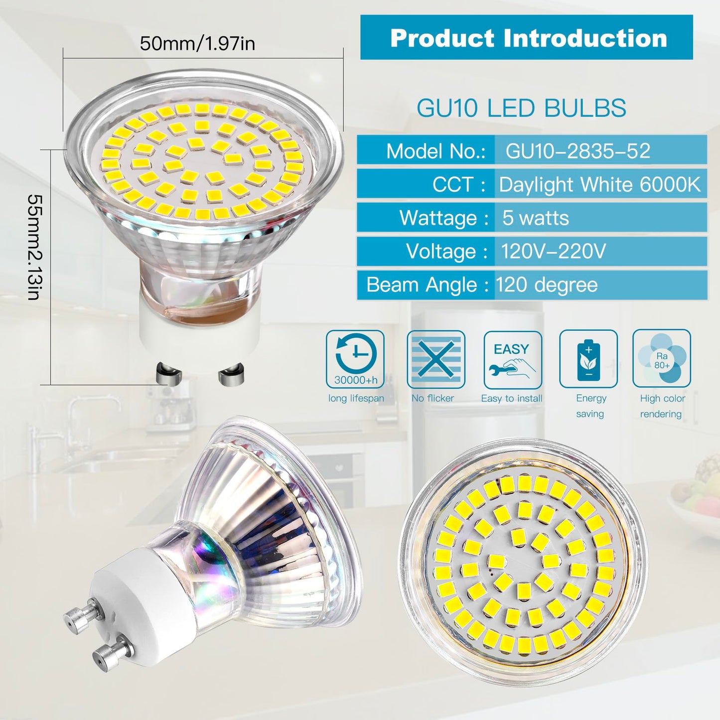CQTLED GU10 LED Light Bulbs 5W,Daylight White 6000K 500LM,110-220V,120°Wide Angle,Replaces 50W Halogen Lamps,GU10 Bulb LED Recessed Track Light Bulb,6