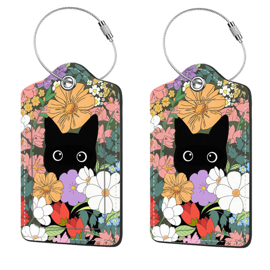 2 Pcs PU Leather Luggage Tags – Cruise Suitcase Tags with Privacy Cover, Address Card & Metal Ring for Bags & Backpacks (Flower Bushes & Cats)