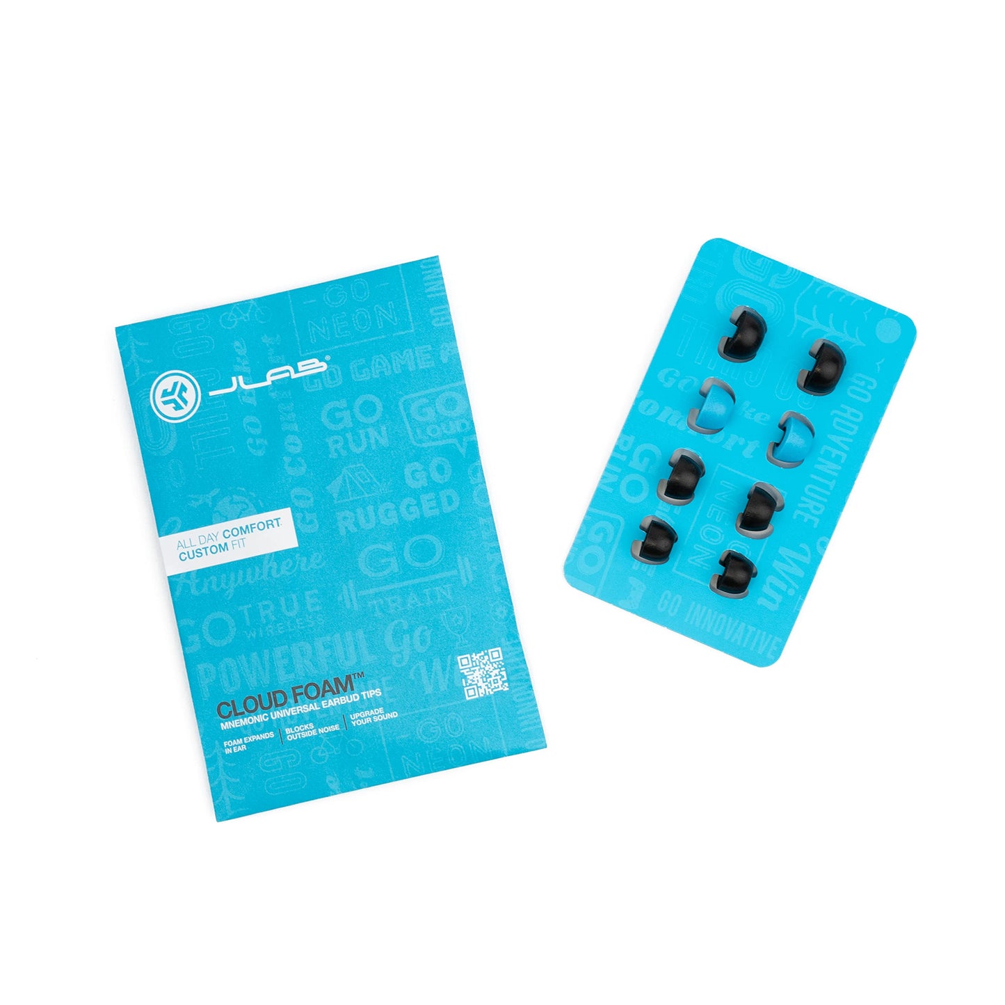 JLab Cloud Foam Earbud Tips, Universal fit, Memory Foam, Moisture Wicking, Black/Blue, 4 Pairs