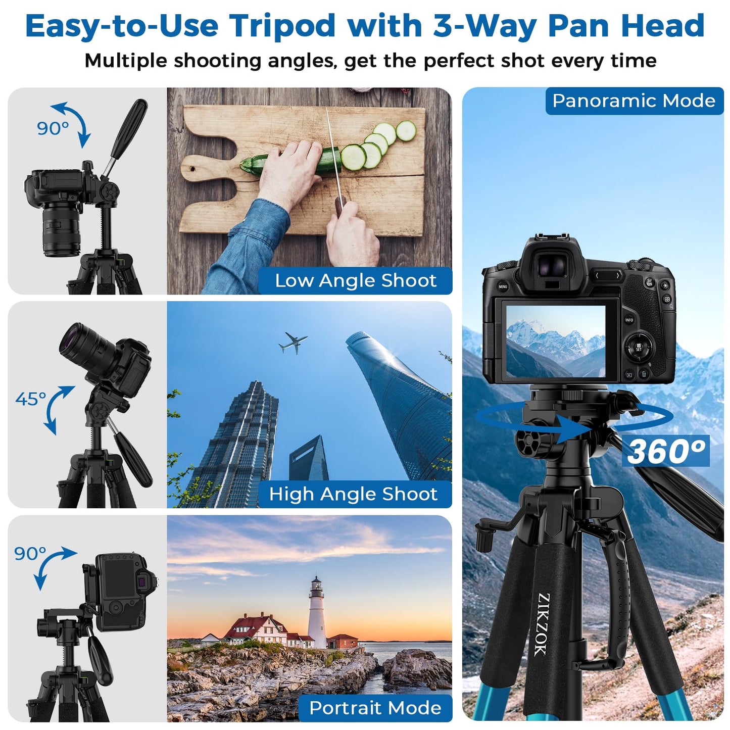 75" Heavy Duty Camera Tripod Stand with Bluetooth Remote - Max Load 15LB, Aluminum Travel Tripod for DSLR/Phone/Tablet/Projector, 3-Way Pan Head
