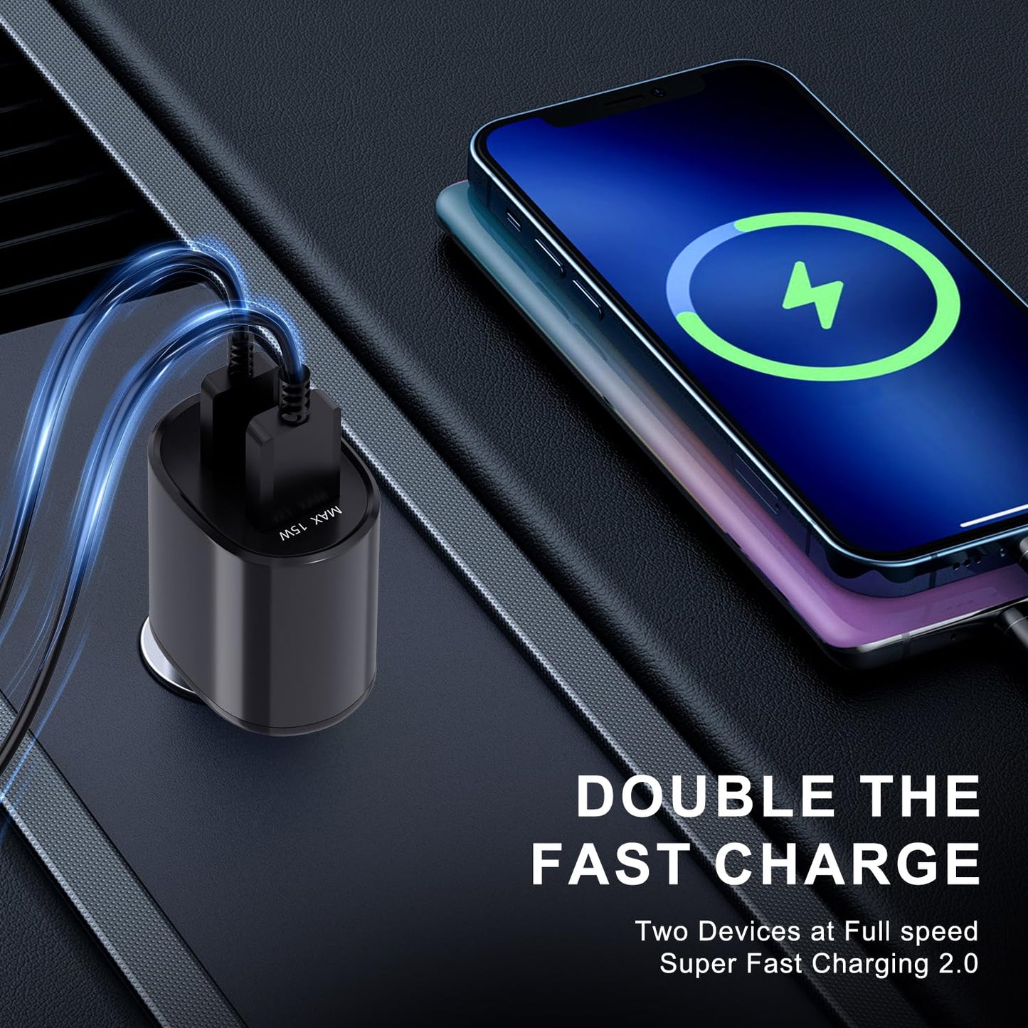 Super Fast Dual Car Charger (45W+15W) Dual Ports USB-C & USB-A White 6.6ft Cable for Samsung S25 S24 S23 S22- Black