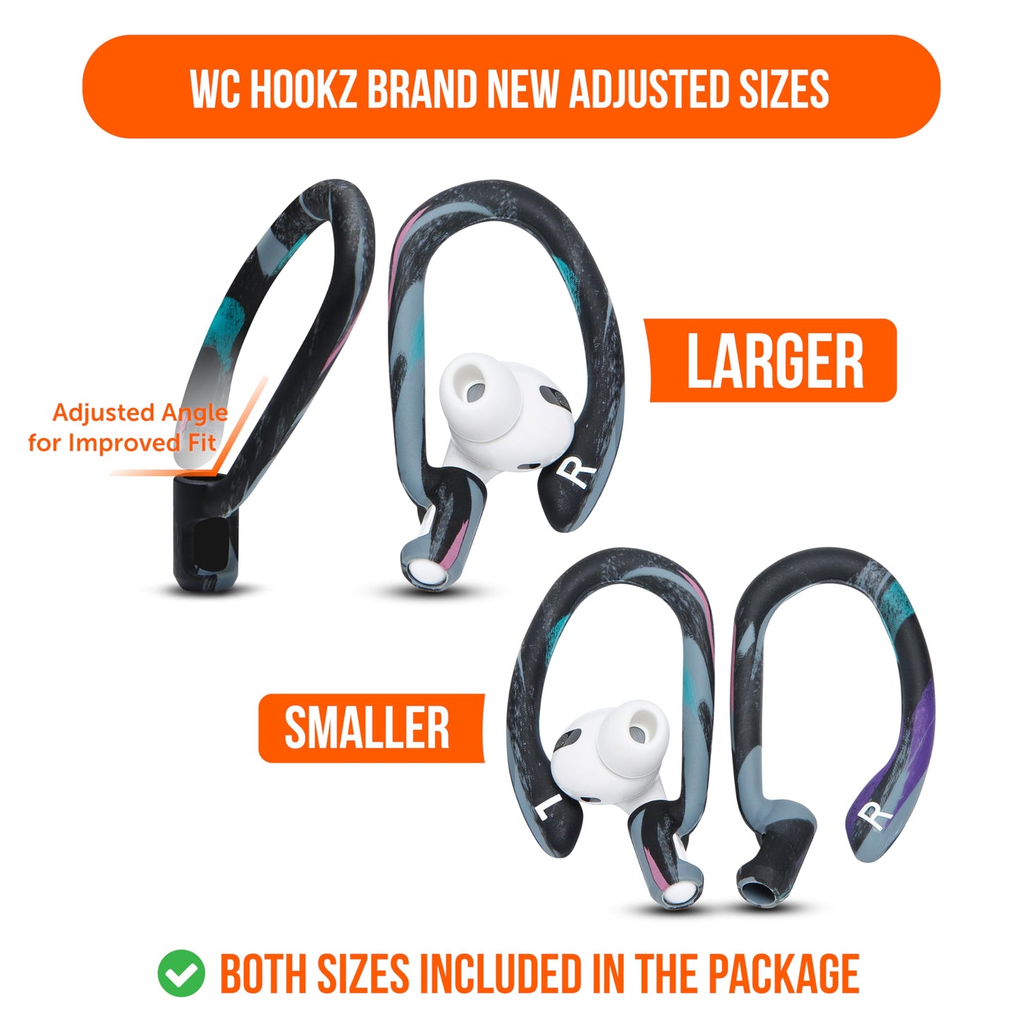 WC HookZ - Patented Upgraded Over Ear Hooks for AirPods Pro 1, 2 & AirPods 1, 2 & 3- Two Size Pairs Included in Package, Unique Left & Right Hook