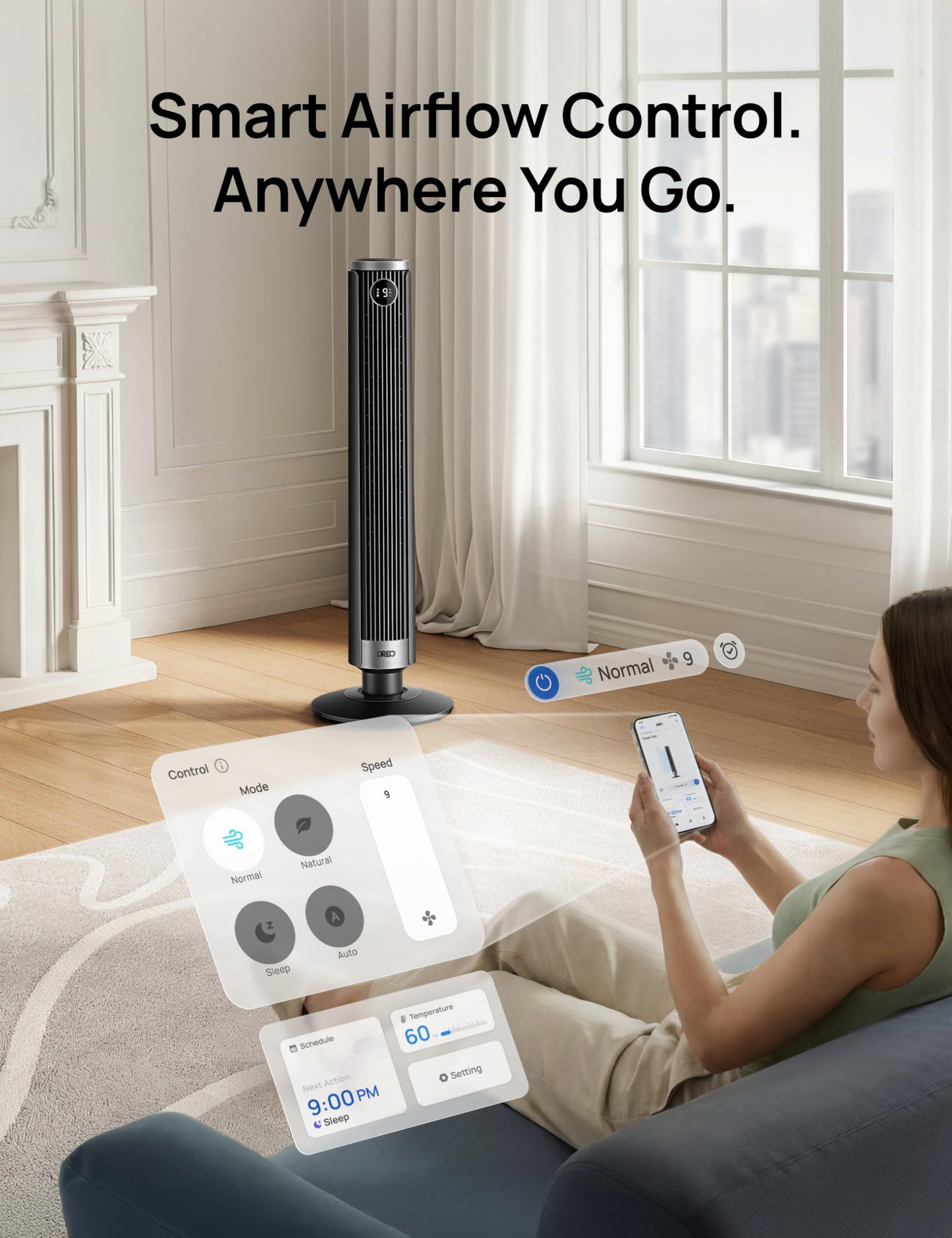 DREO Smart Tower Fan for Bedroom, 40”-45” Adjustable Height, 9 Speeds