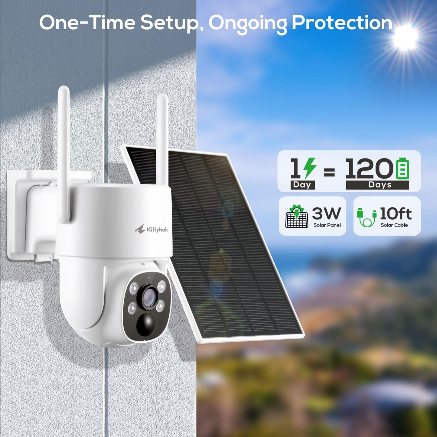 Kittyhok PT Solar Camera Security Outdoor | 2K FHD Security Camera Wireless Outdoor, Solar Battery Powered, Color Night Vision, Smart Detection, IP66