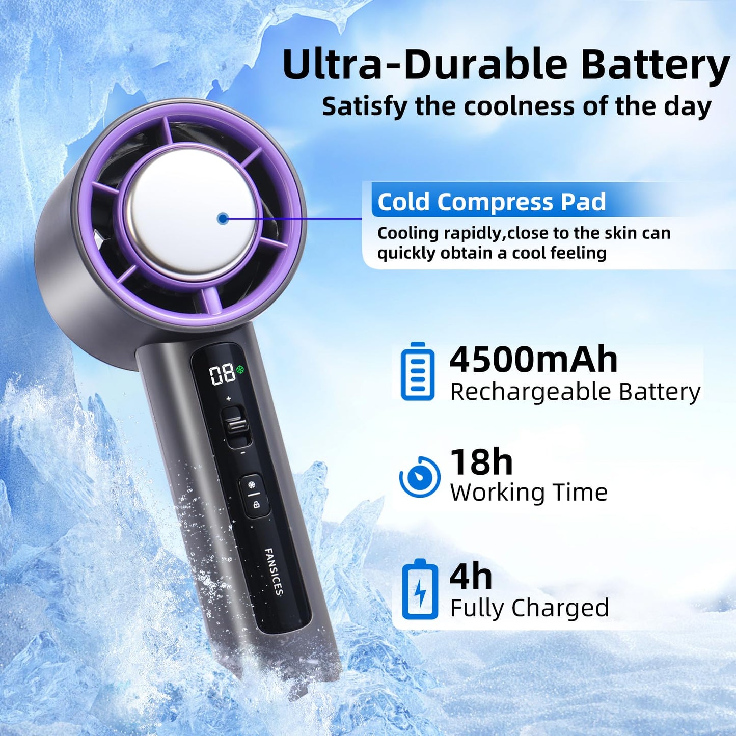 Fansices Small Portable Fan for Travel,Adjustable Speed Mini Fan Handheld with Digital Display, 4500mAh Battery Rechargeable Personal Fan