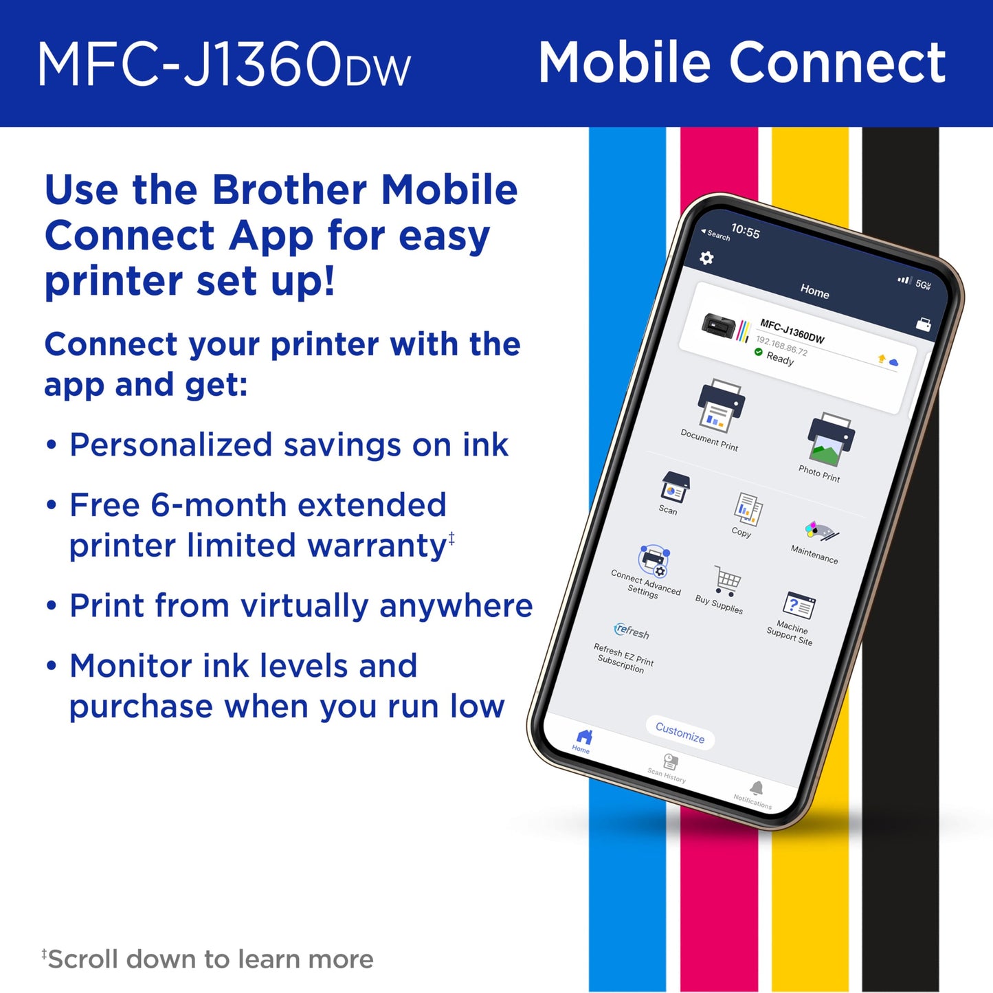 Brother Work Smart 1360 Wireless Color Inkjet All-in-One Printer with Automatic Duplex Printing and 1.8” Color Display | Includes Refresh Subscription