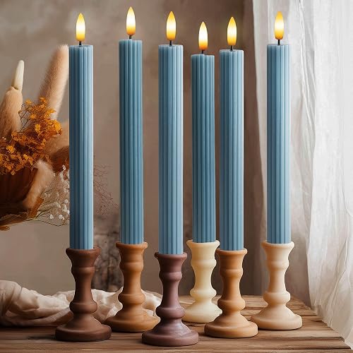 West Ivory 12 Pack, 10" LED Flameless Blue Fluted Ribbed Grooved Taper Candles with 2 Remotes & 24h Timer Memory, On/Off Button, Dimmable, Flicker