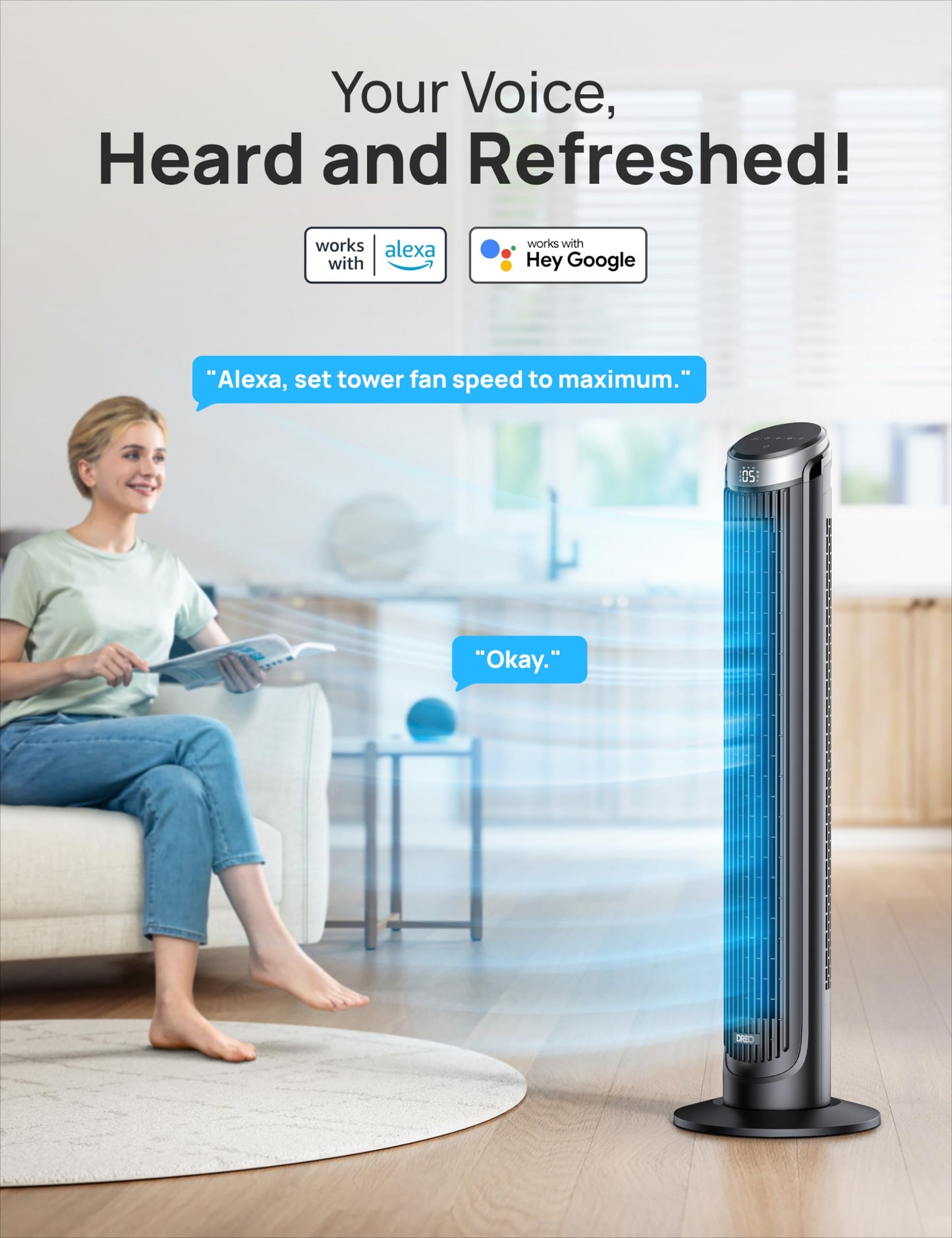 DREO Smart Tower Fan for Bedroom, 90° Oscillating Fan, 26ft/s Wind, 28dB