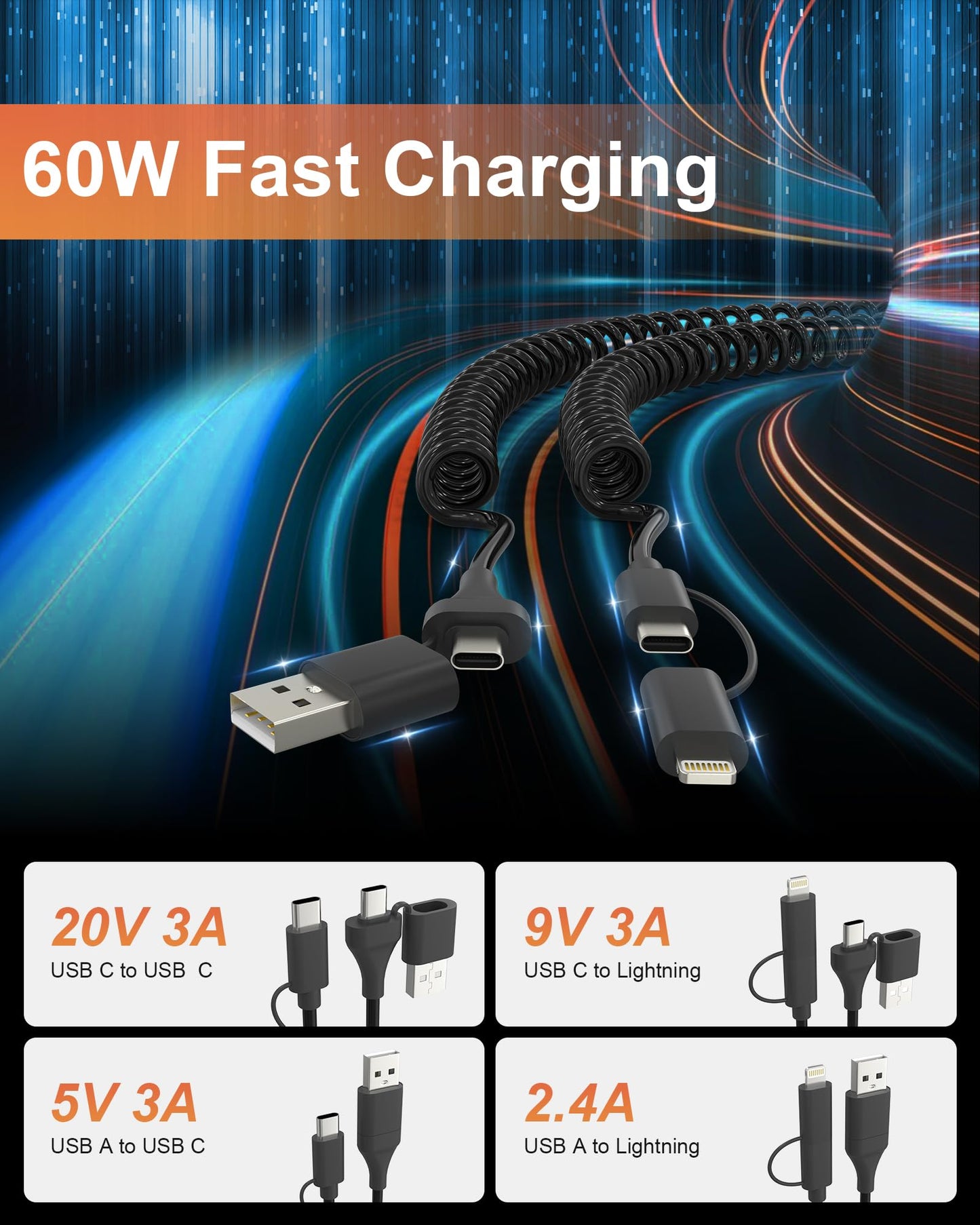 USB & USB-C to USB C and Lightning Cable Combo Coiled - 4 in 1 Charging Cable for Apple Carplay & Android Auto, 60W Short Curly Travel Multi Charger…