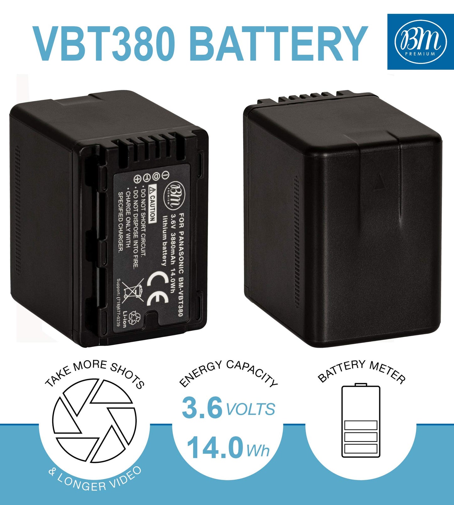 BM Premium 2 VW-VBT380 Batteries and Charger for Panasonic HC-V800K, HC-VX1K, HC-WXF1K, HCV510, HCV520, HC-V550, HCV710, HC-V720, HC-V750, HC-V770