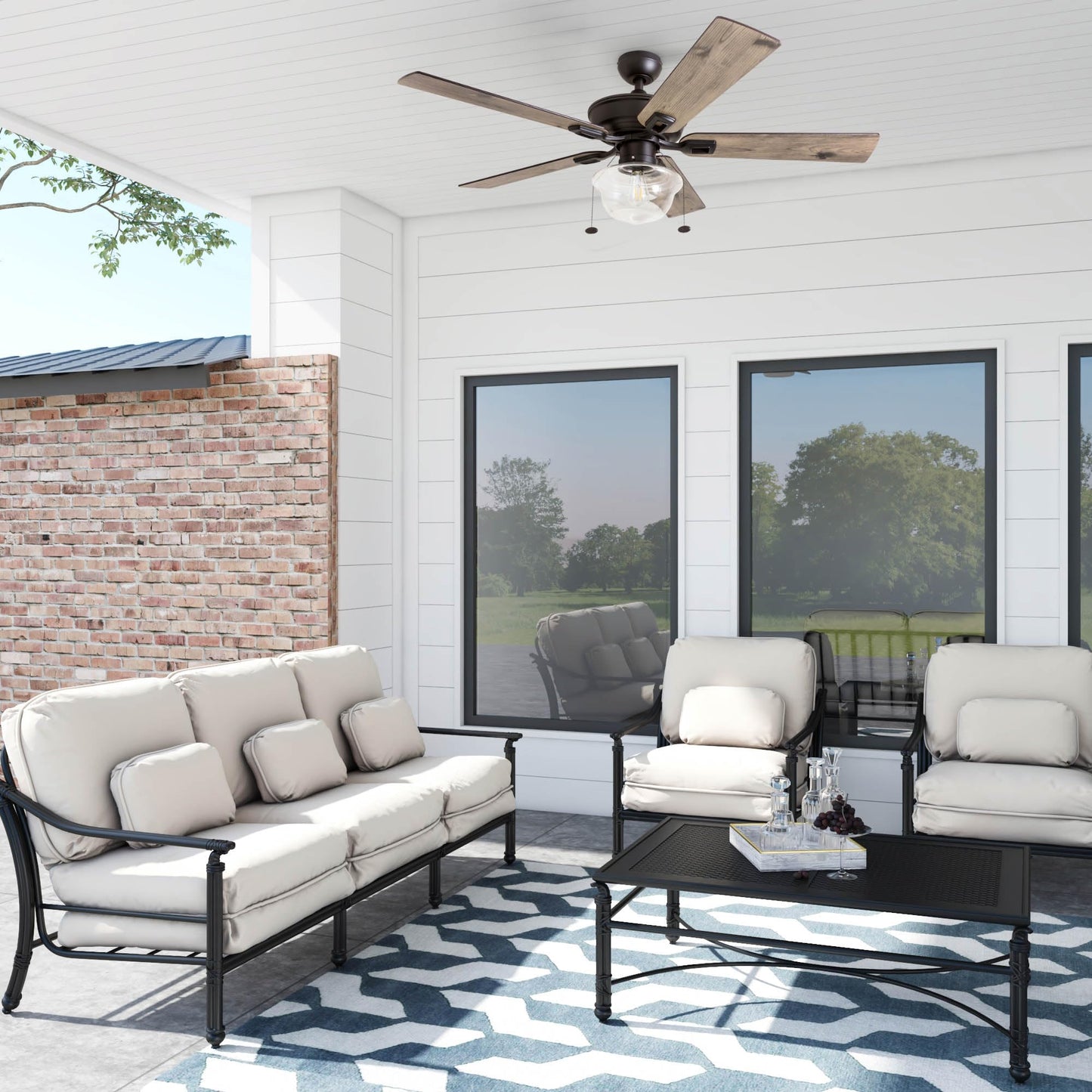 Prominence Home Abner Modern Farmhouse 52 Inch Ceiling Fan with Light, Outdoor Fan/Indoor Tri-Mount LED Ceiling Fan with 5 Blades, Silver Oak