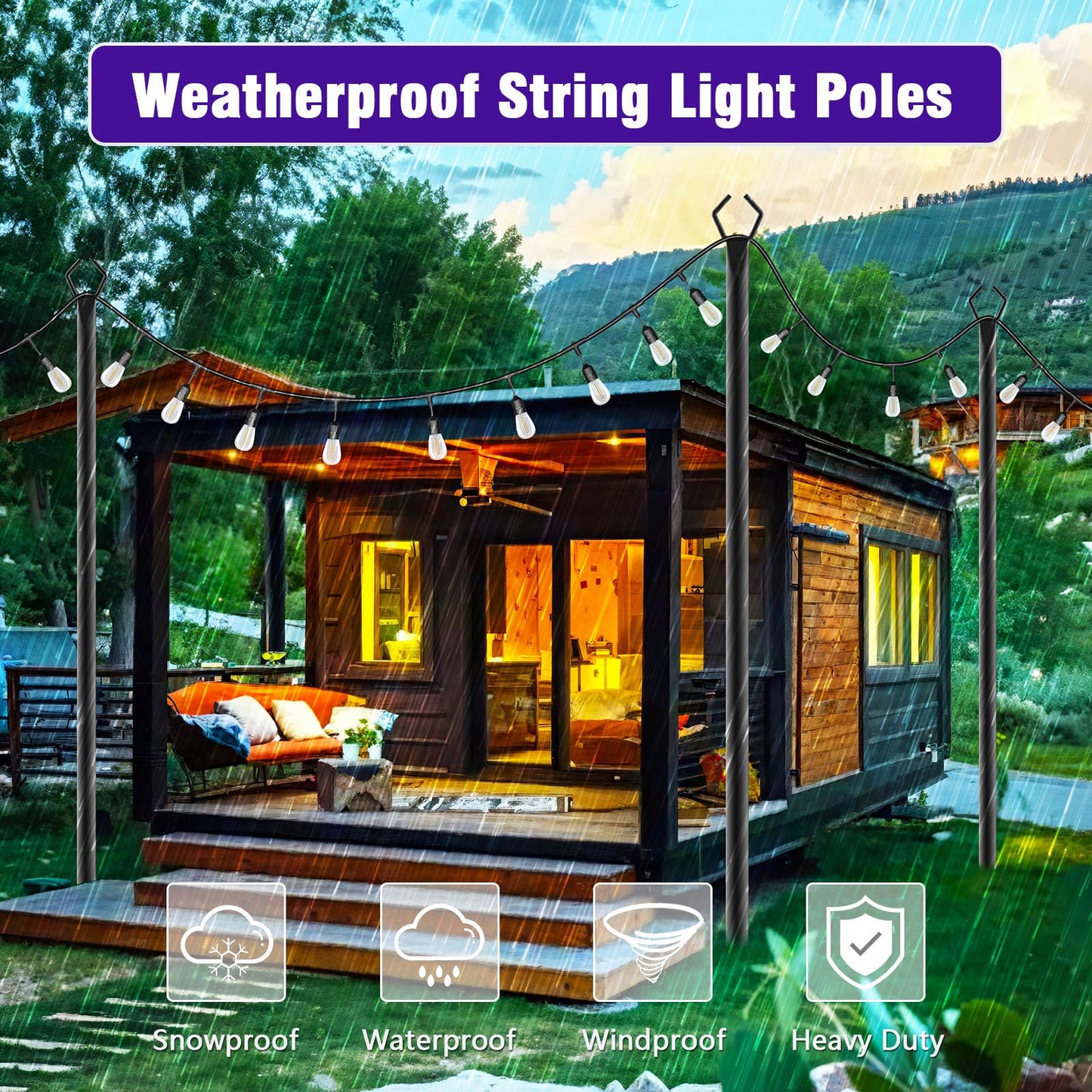zoegi 4 Pack 10Ft String Light Poles,Light Poles for Outside Lights with Fork,Outdoor Brackets Hanging Lights,Metal Stand for Deck