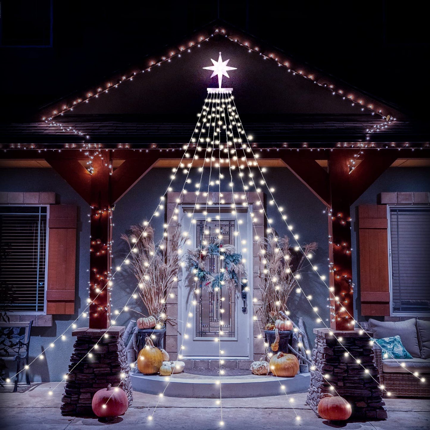 PUHONG Christmas Lights Outdoor, Christmas Decoration String Lights,16.4Ft 320 LED Tree Lights [8 Modes & Waterproof], with 11" Lighted Star