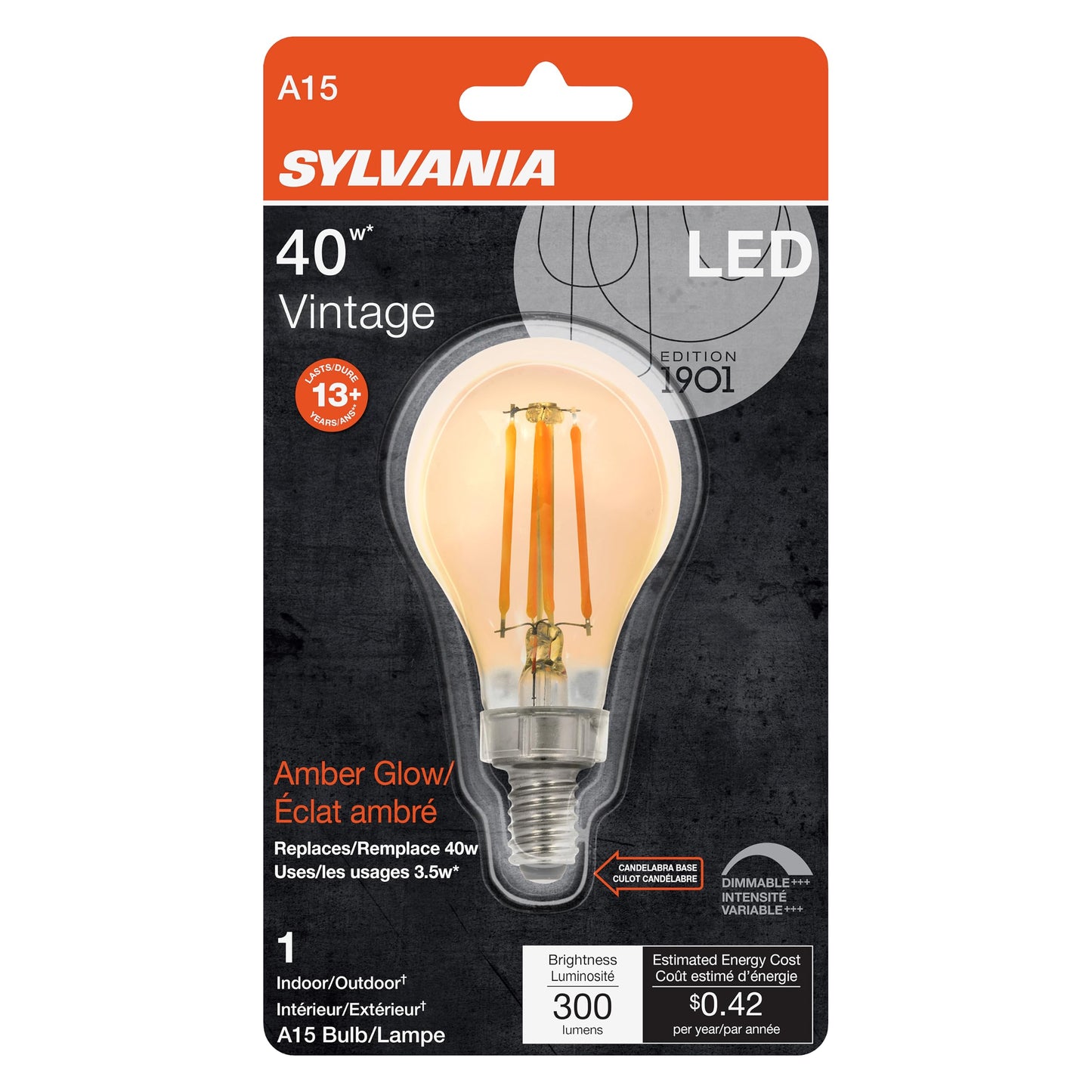 Sylvania LED Vintage Amber Glow A15 Light Bulb, 40W Equivalent Efficient 4W, Dimmable, Candelabra Base - 1 Pack (75345)