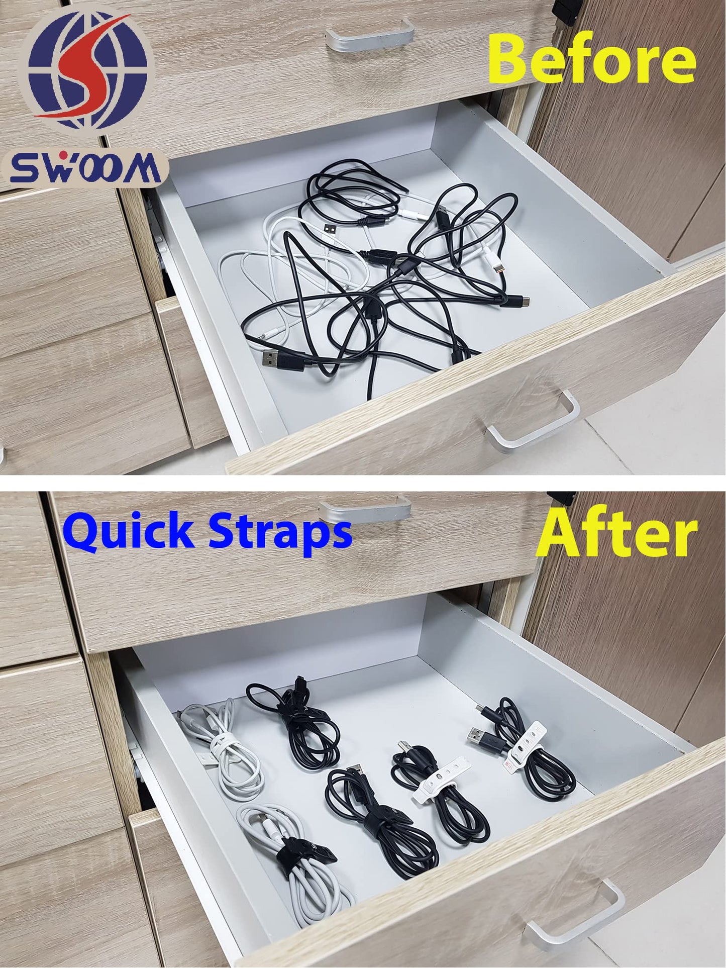 SWOOM Silicone Cable Ties,Fastening Cable Management,Reusable Wire Organizer,Cable Straps Hook and Loop Cord Ties,Adjustable Ties,Premium Cord