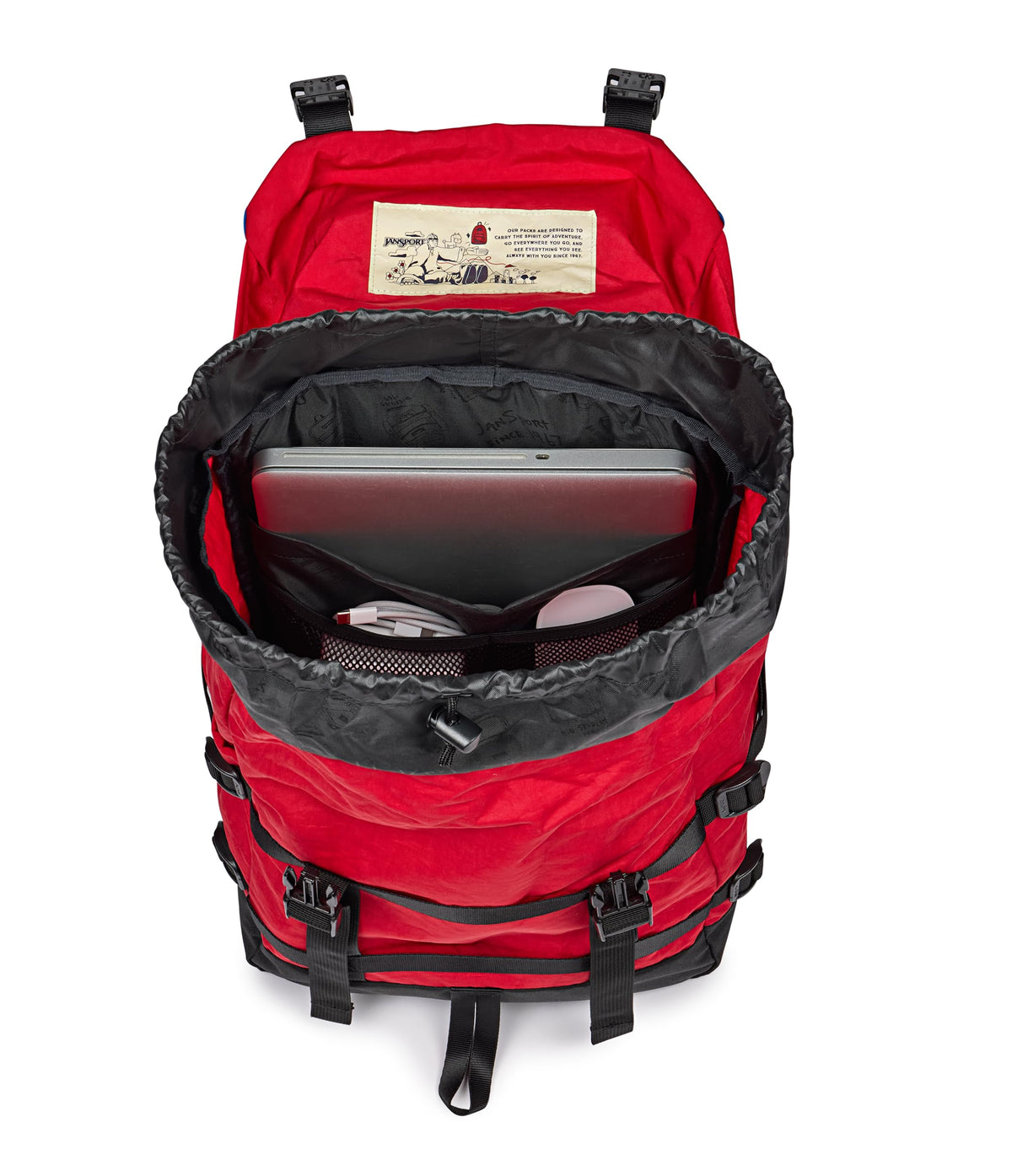 JanSport Skip Pack Backpack - 28L Capacity, Fits 13.5" Laptop, Large Main Compartment, Side Water Bottle Pocket - Ideal for Work & Travel, Red Tape