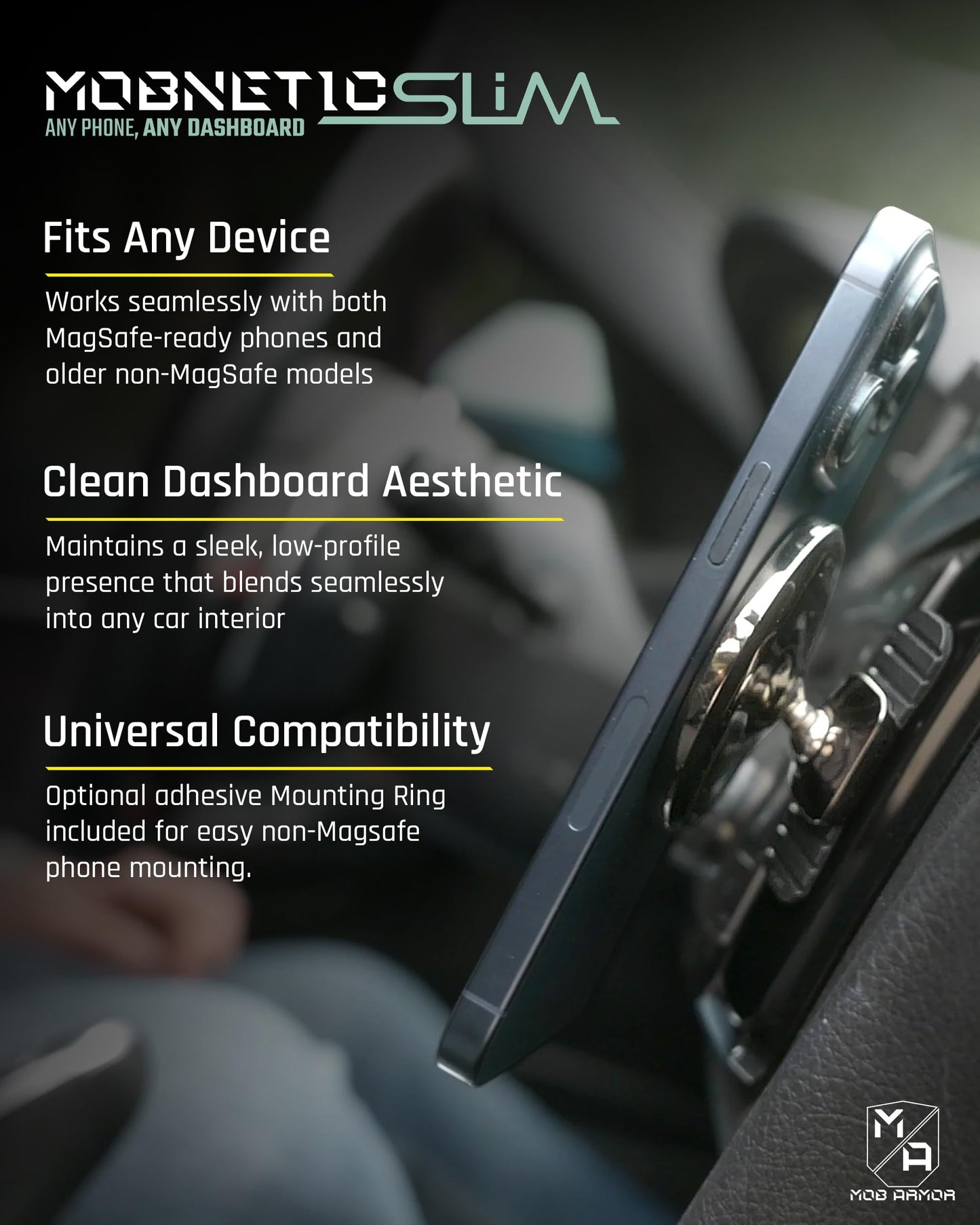 Mob Armor Slim Mount MS - Magsafe Car Mount, Magnetic Cell Phone Holder, MagSafe Car Accessories for Women & Men, Compatible with iPhones & Androids