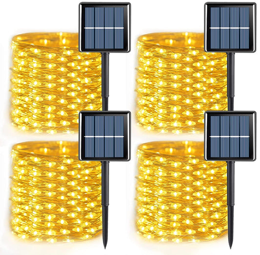YEGUO 4 Pack Warm White Solar Fairy Lights, Each 33ft 100 LED Christmas Lights Outdoor Waterproof, 8 Modes Sliver Wire Solar String Lights