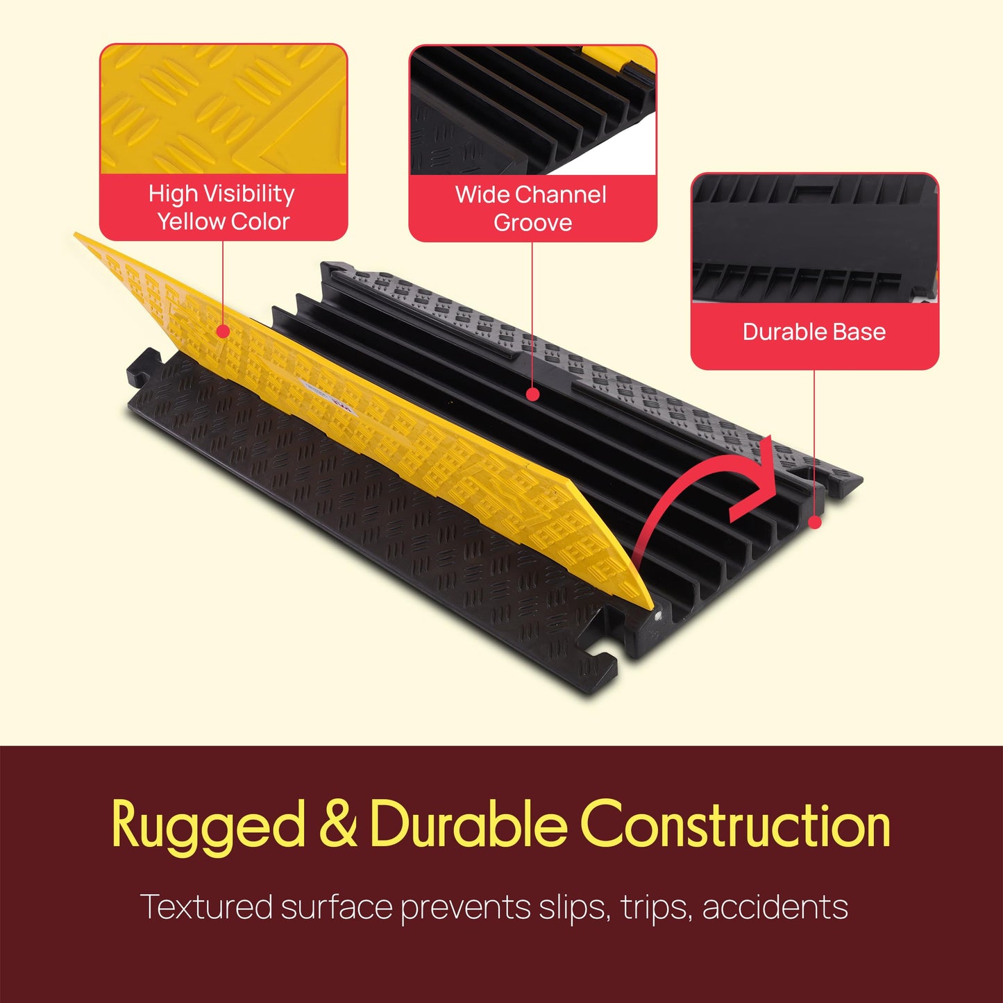 Pyle Durable Cable Protective Ramp Cover - Supports 33000lbs Five Channel Heavy Duty Cord Protection w/Flip-Open Top Cover, 31.5” x 17.5” x 1.77”